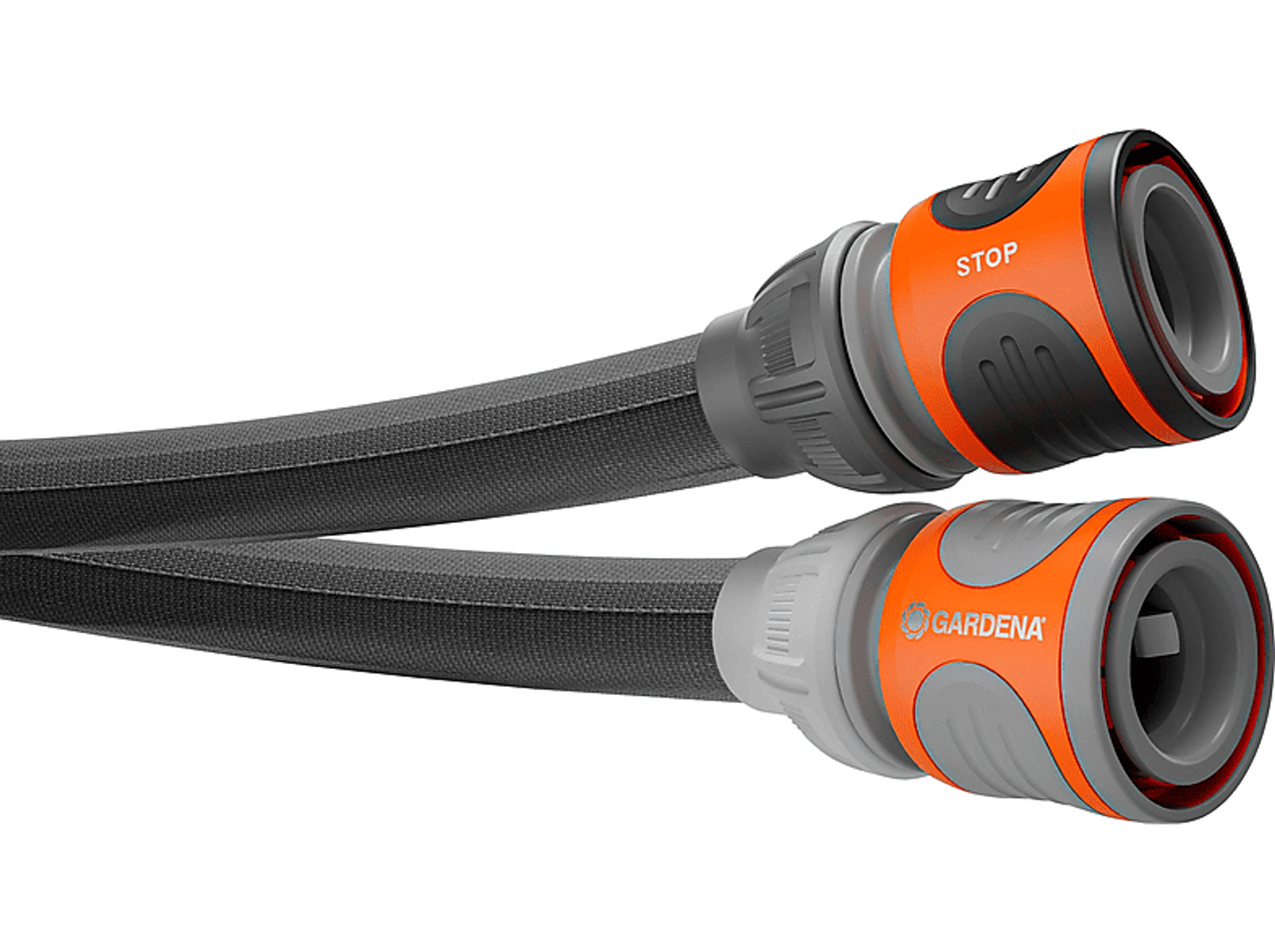 Dwa czarne węże ogrodowe z pomarańczowymi i szarymi złączami. Na czarnym tle.