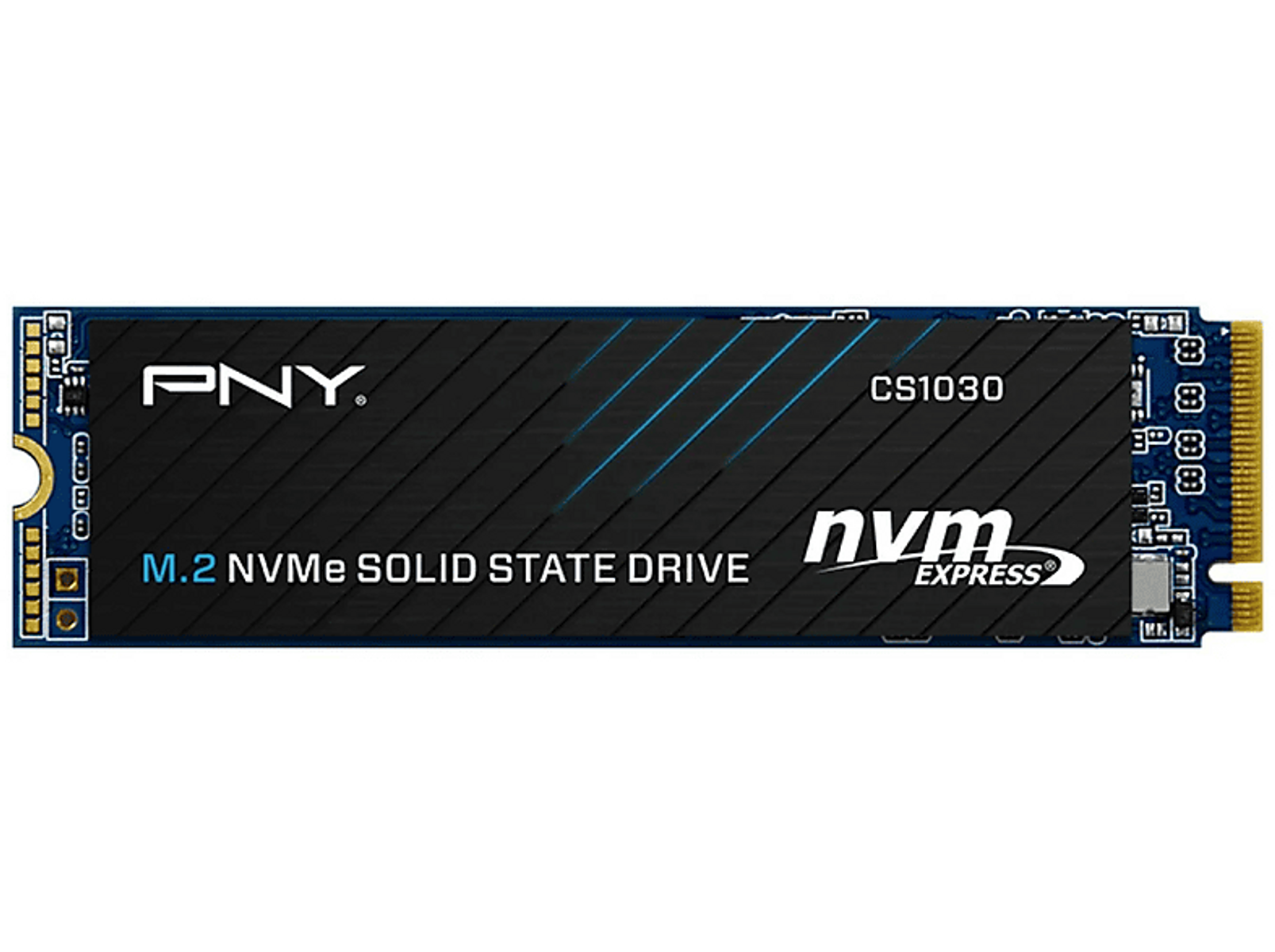 Czarny i niebieski dysk SSD M.2 NVMe z tekstem. Pokazuje markę PNY.