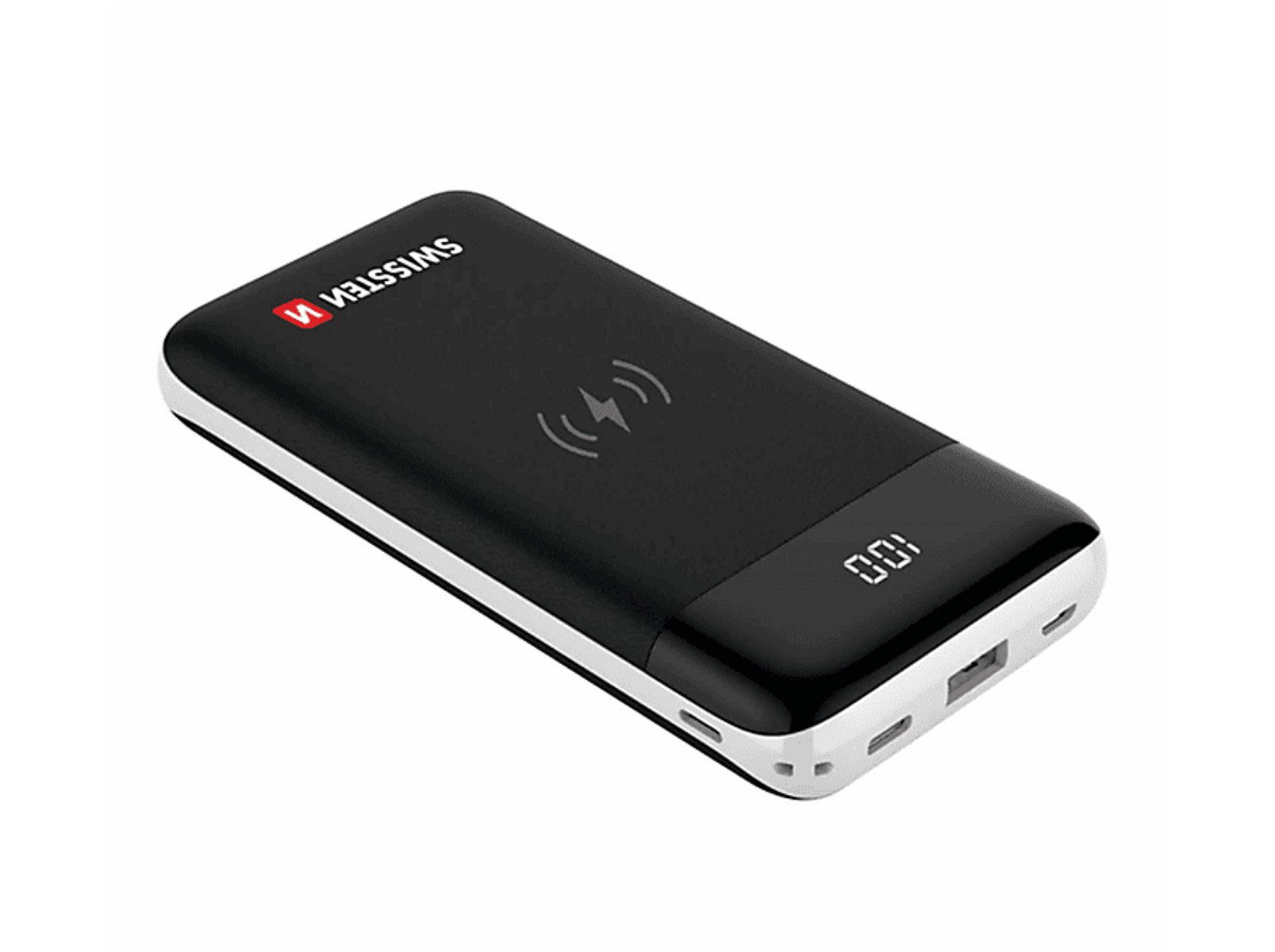 Eine schwarz-weiße Powerbank mit kabellosem Ladesymbol und digitaler Anzeige.