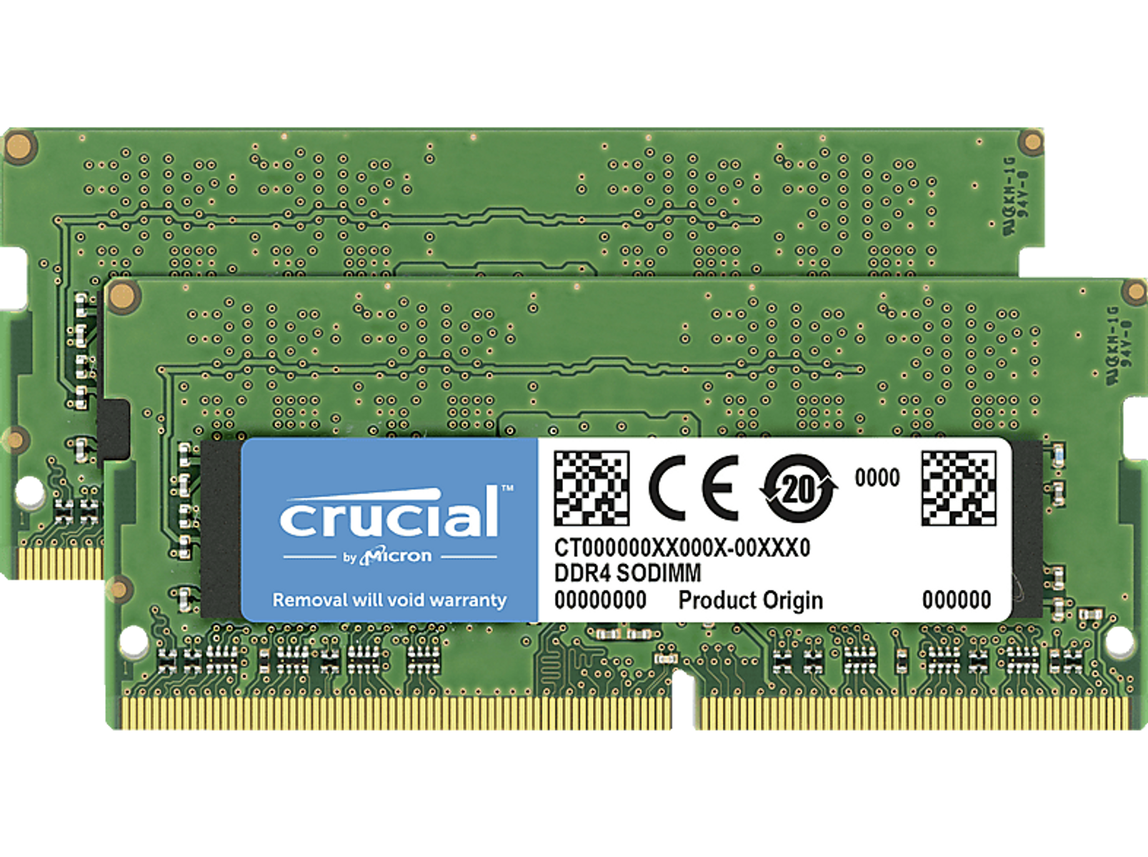 Zwei grüne Crucial DDR4 SODIMM RAM-Riegel, blaues Etikett mit Text, schwarzer Hintergrund.