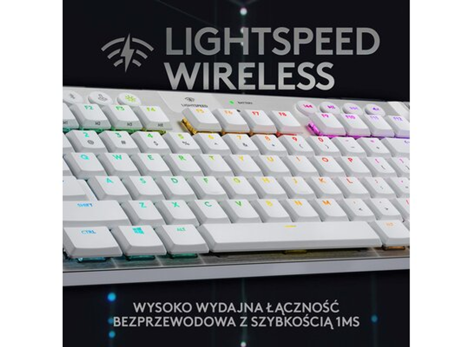 Tastiera wireless bianca con tasti bianchi, alcuni gialli e sfondo nero. Lightspeed Wireless.