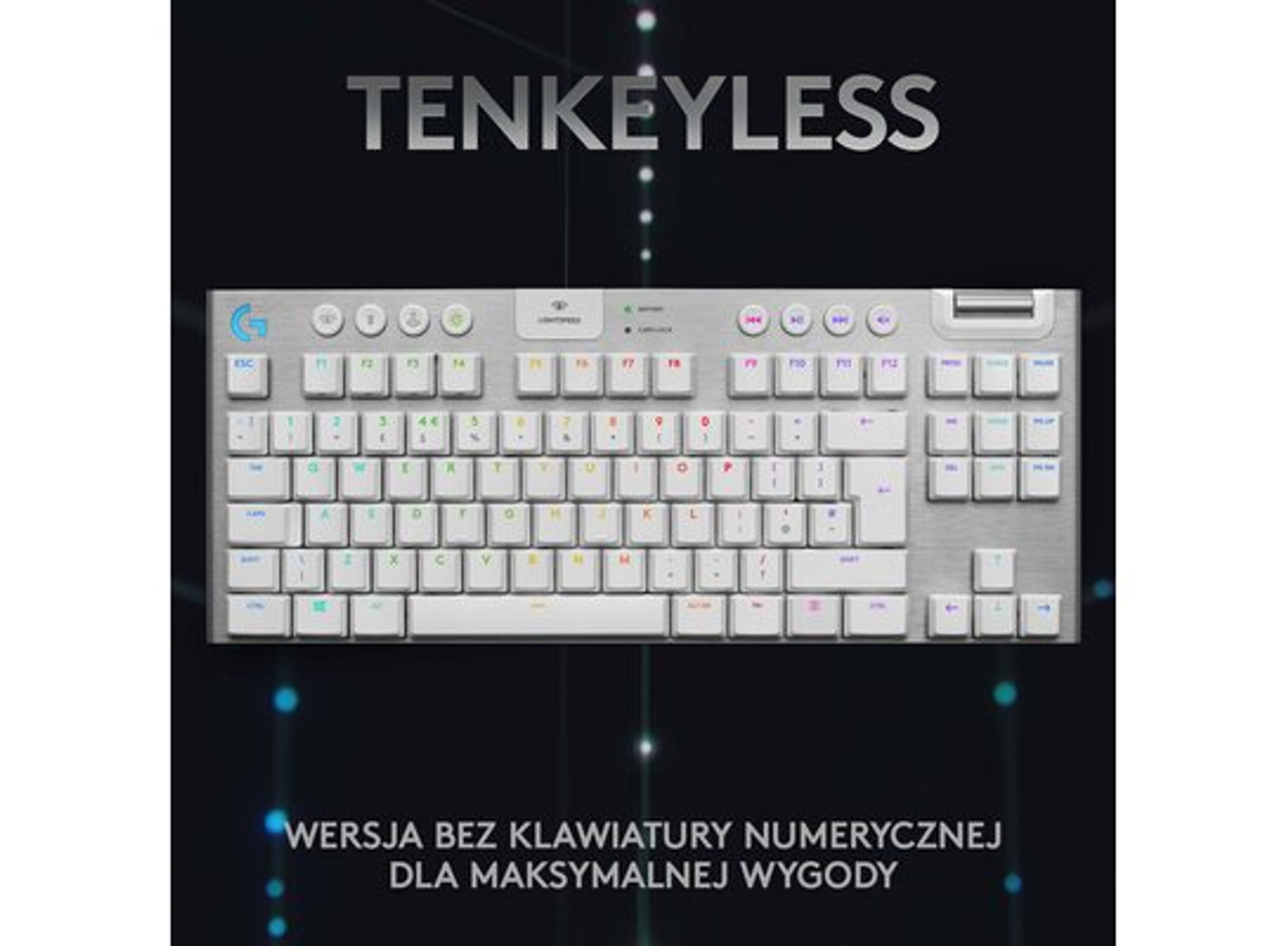 Tastiera tenkeyless bianca con tasti colorati e la scritta TENKEYLESS sopra.