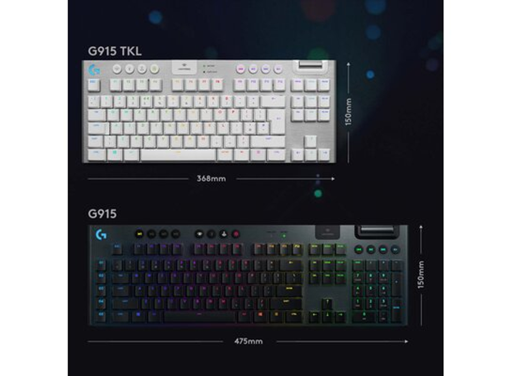 Due tastiere, una bianca e una nera, etichettate G915 TKL e G915, con dimensioni.
