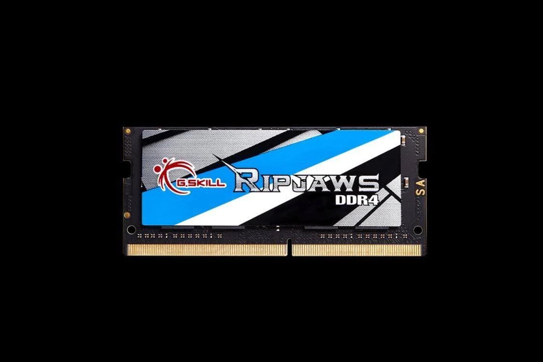 Schwarz-blaues G.Skill Ripjaws DDR4 RAM-Modul auf schwarzem Hintergrund.