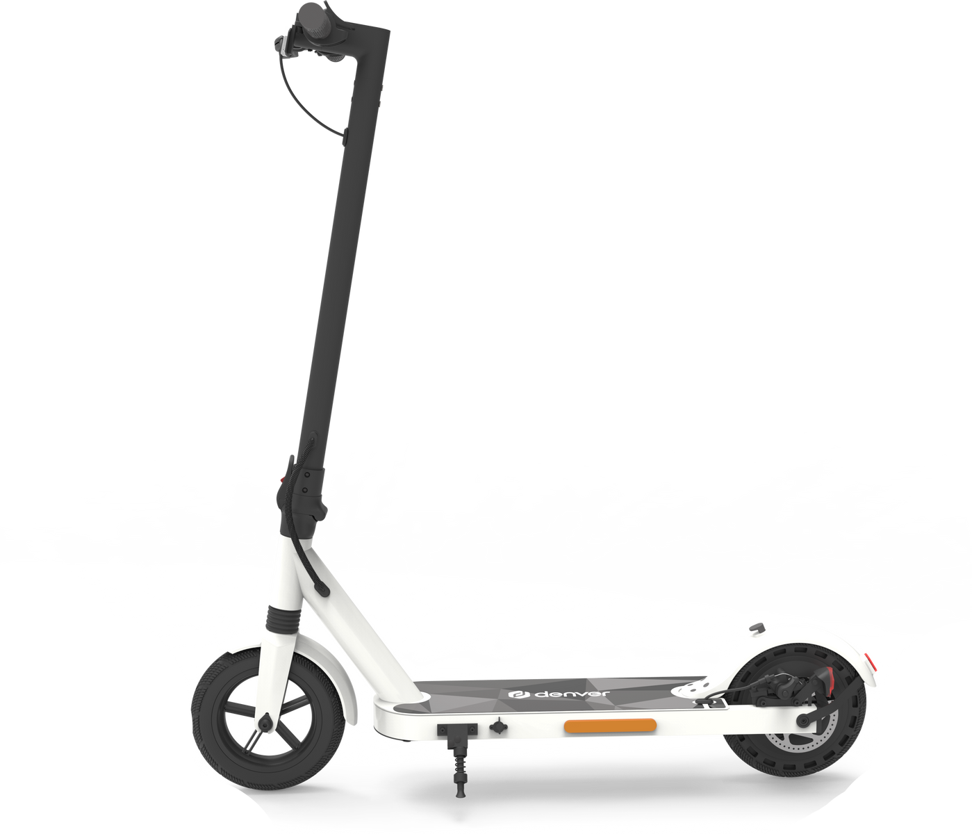 Monopattino elettrico bianco e nero con manubrio alto e ruote.