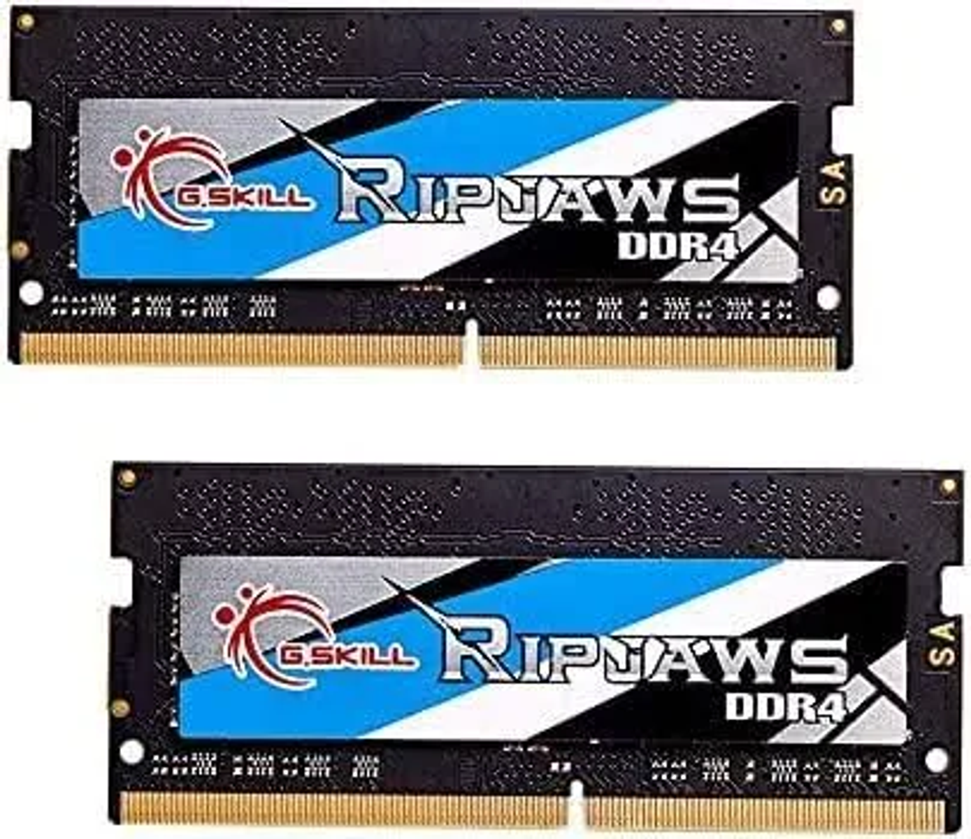 Zwei G.SKILL Ripjaws DDR4 RAM-Module. Sie sind schwarz und blau mit goldenen Anschlüssen.