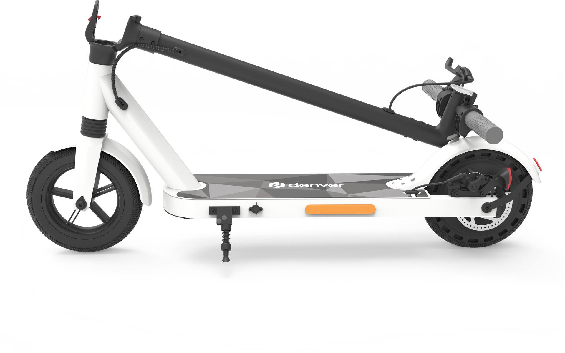 Monopattino elettrico bianco e nero. Logo Denver e catarifrangente laterale arancione.