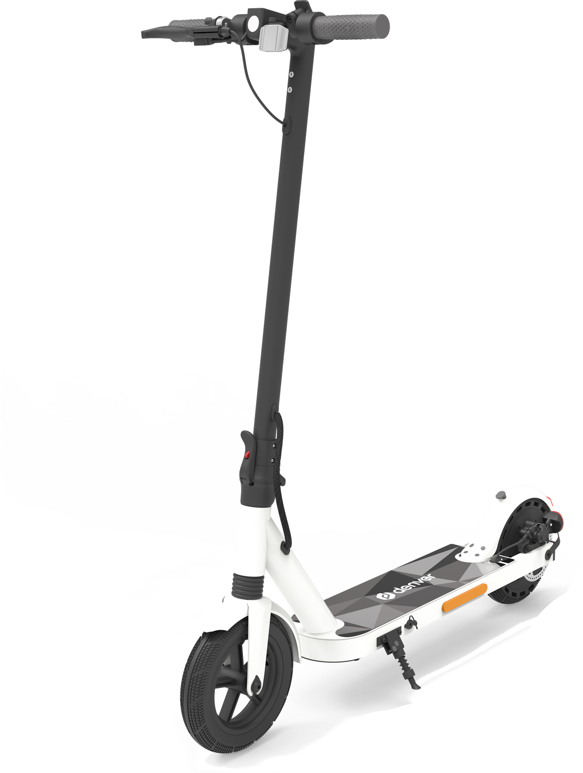 Scooter elettrico bianco e nero, con stelo nero, su superficie bianca.