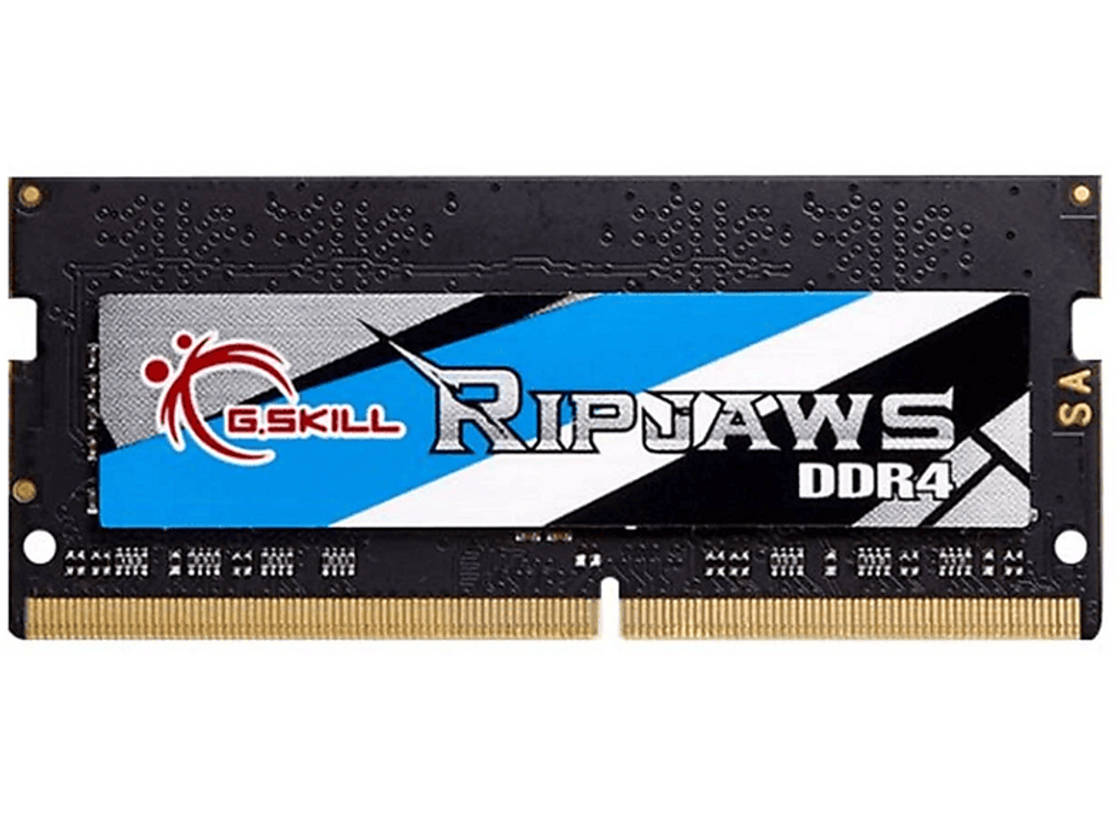 RAM-Speichermodul, schwarz, blaues und weißes Etikett mit 'RIPJAWS DDR4'.
