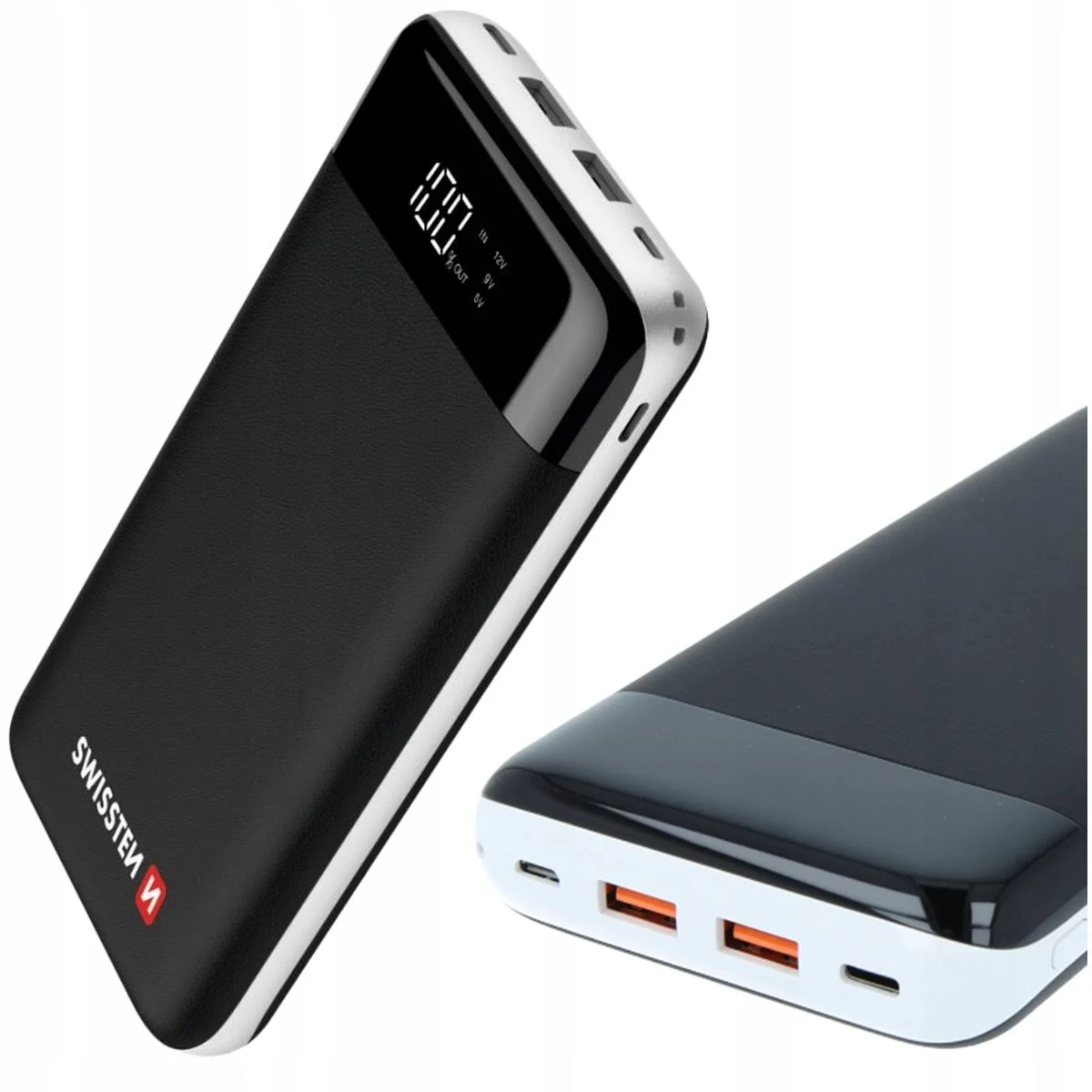 Schwarze Powerbank mit Display und zwei Ausgangsanschlüssen.
