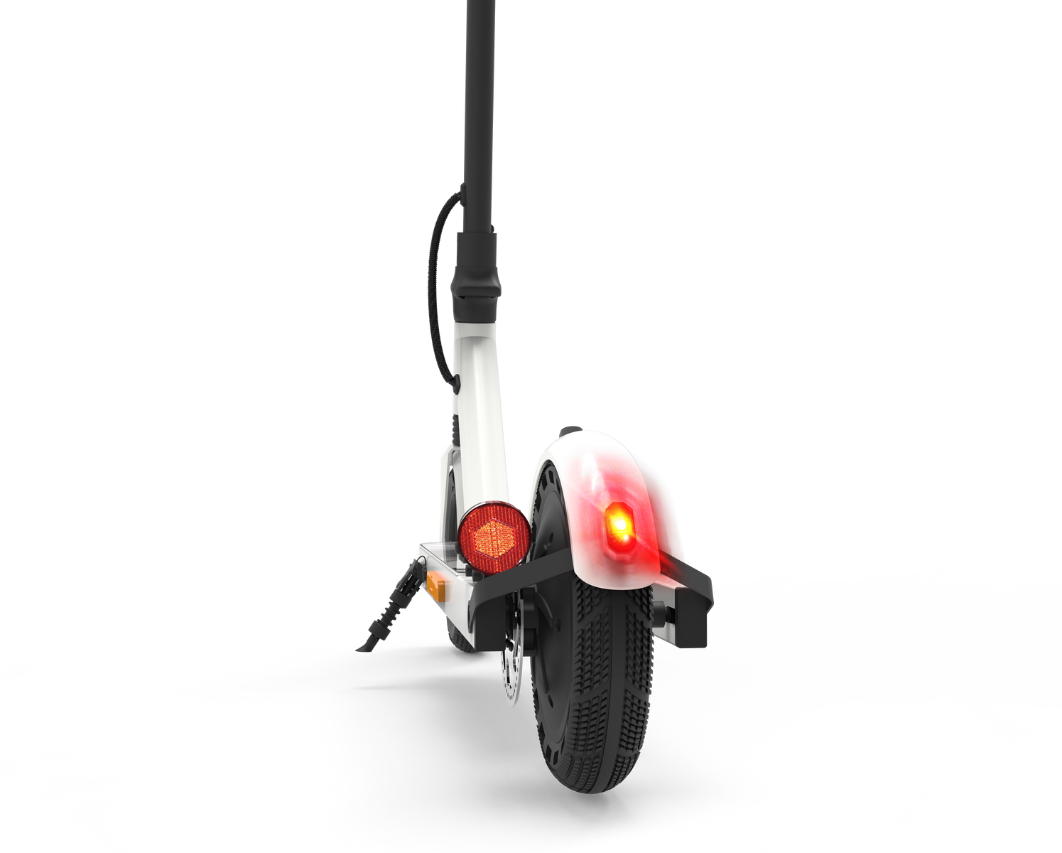Scooter elettrico bianco da dietro. Luce rossa accesa. Pneumatico nero. Maniglia nera.