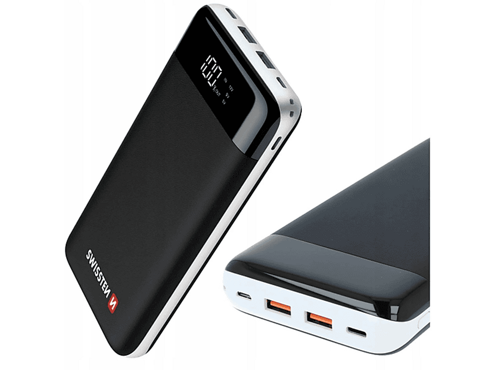 Schwarze und silberne Powerbank. Zeigt einen digitalen Bildschirm an. Die Powerbank hat zwei orangefarbene USB-Anschlüsse.