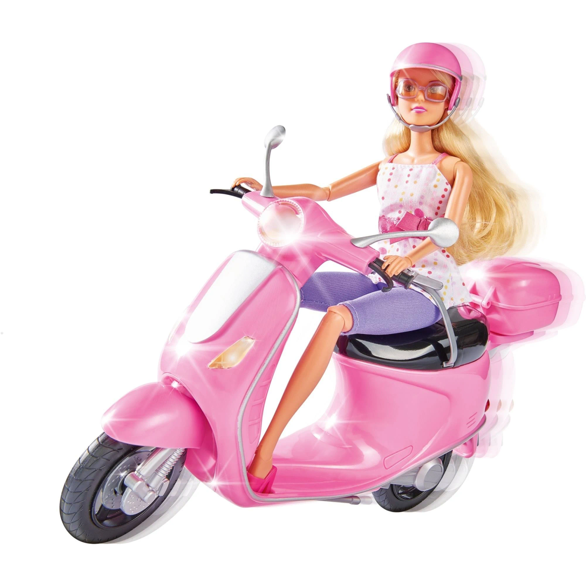 Barbie-Puppe fährt einen rosa Roller. Sie trägt einen rosa Helm und eine Sonnenbrille.