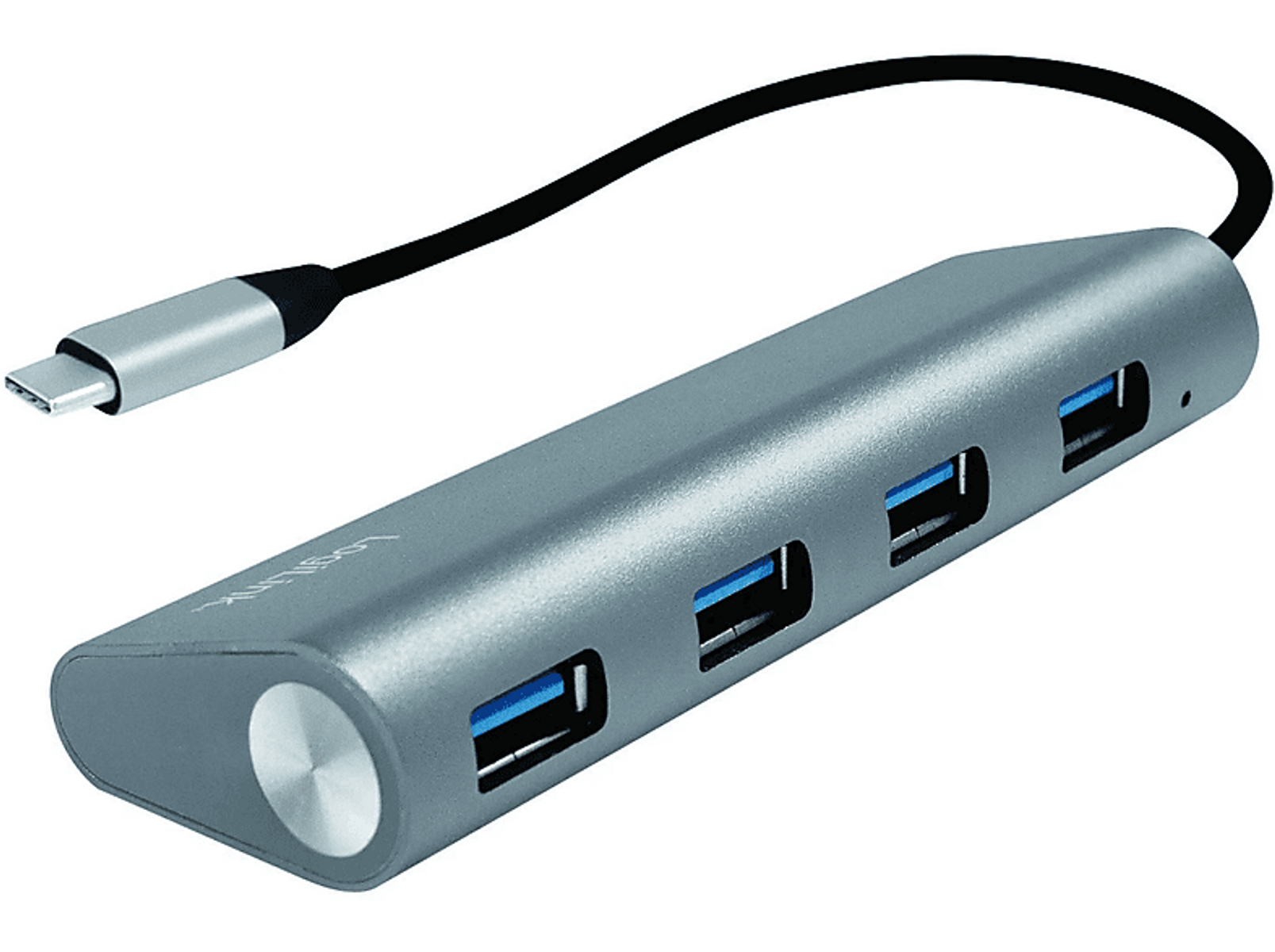 Un hub USB argentato con quattro porte USB e un connettore USB-C. È etichettato 'LogiLink'.