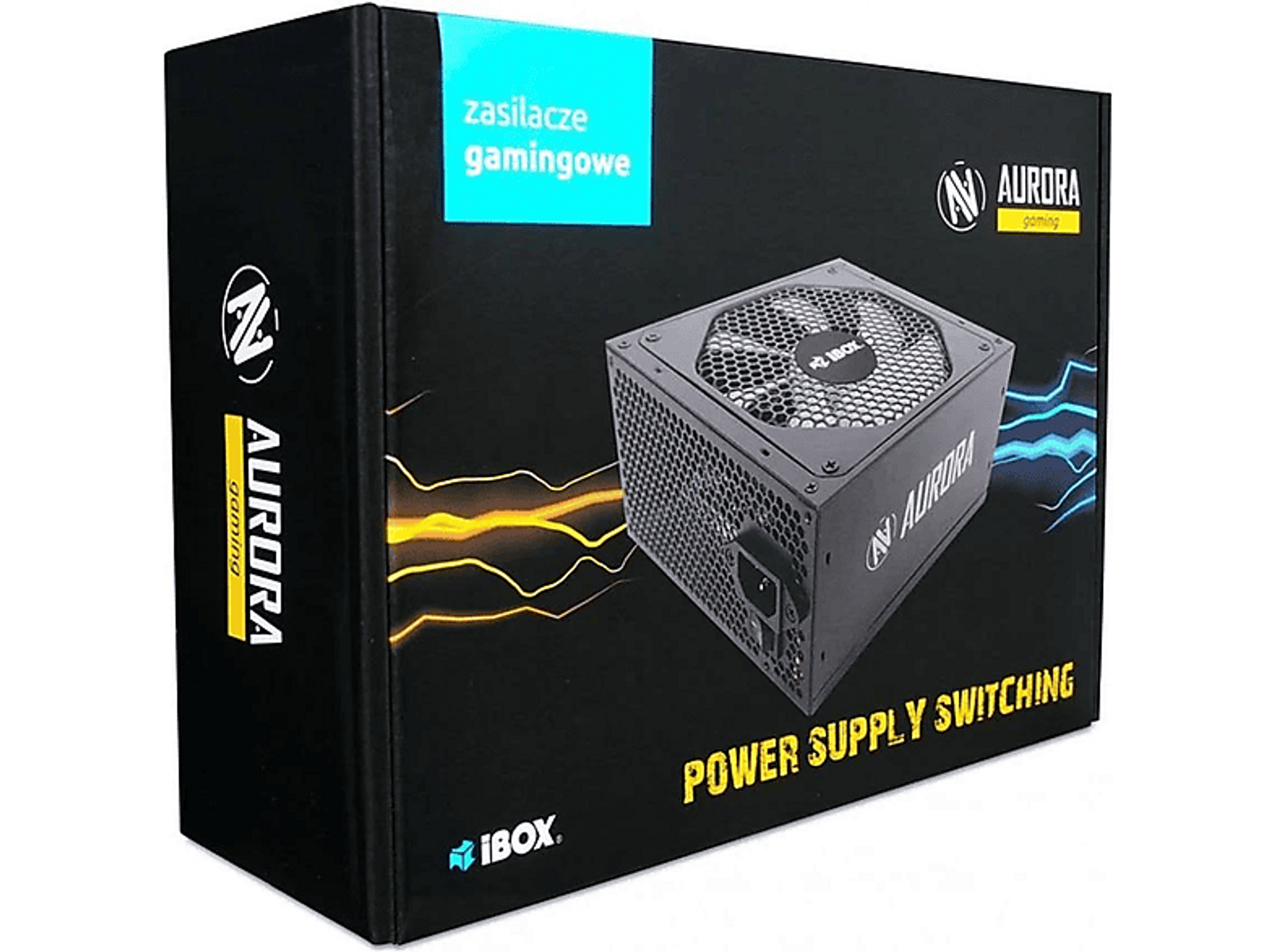 Czarne pudełko z zasilaczem do gier z tekstem i grafiką. Jest to zasilacz impulsowy.