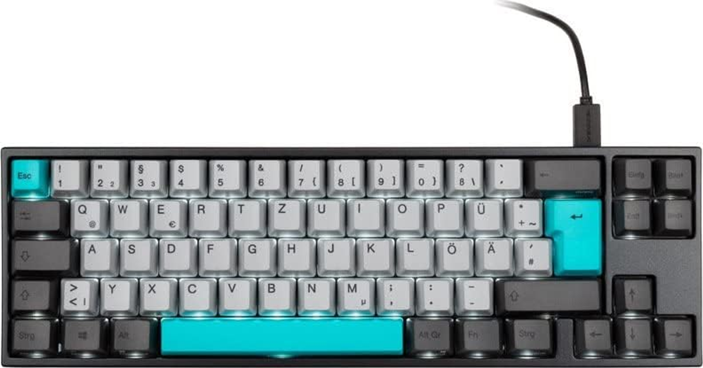 Eine mechanische Tastatur in Schwarz und Grau mit türkisfarbenen Akzenten auf den Tasten und Kabelanschluss.