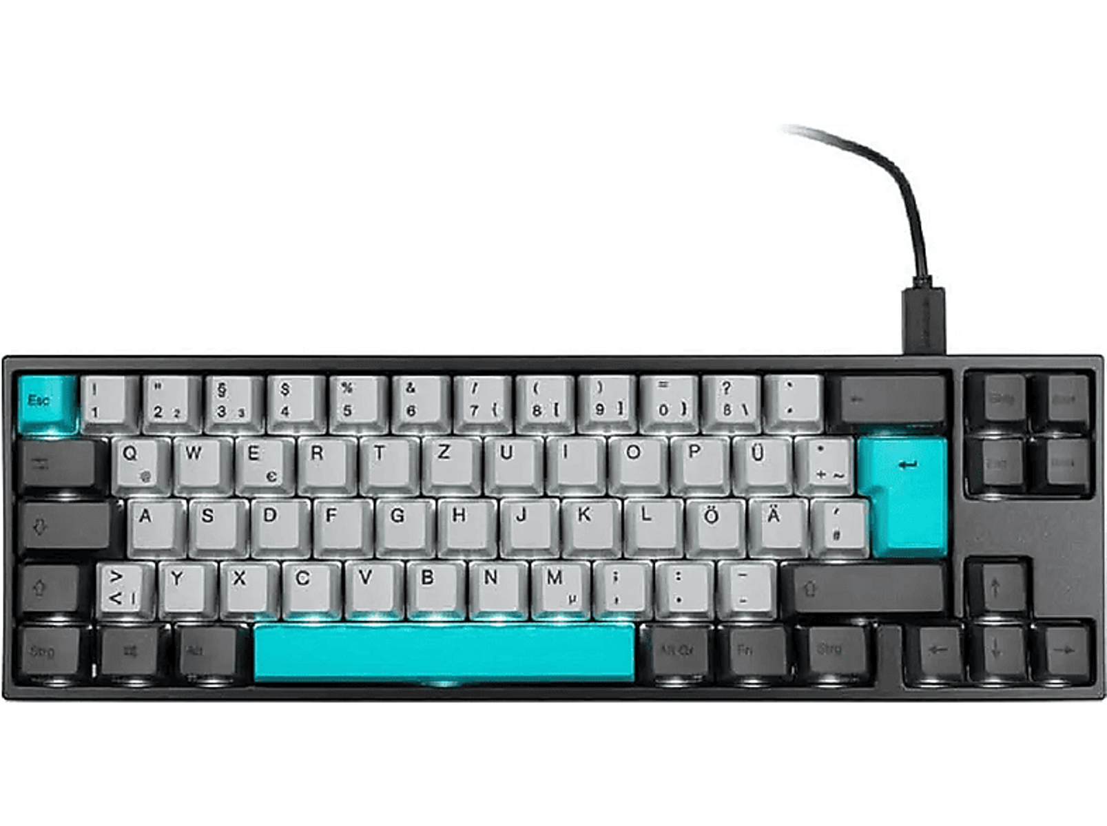 Eine schwarze mechanische Tastatur mit türkisfarbenen Akzenten, die Tasten zeigend.