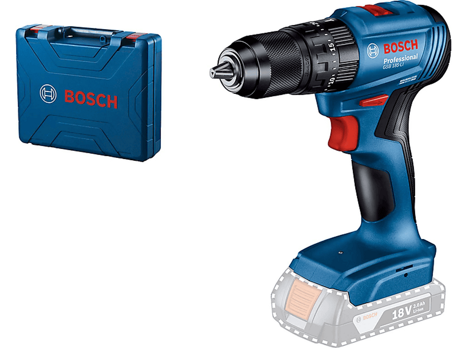 Trapano avvitatore Bosch blu e valigetta su sfondo bianco.