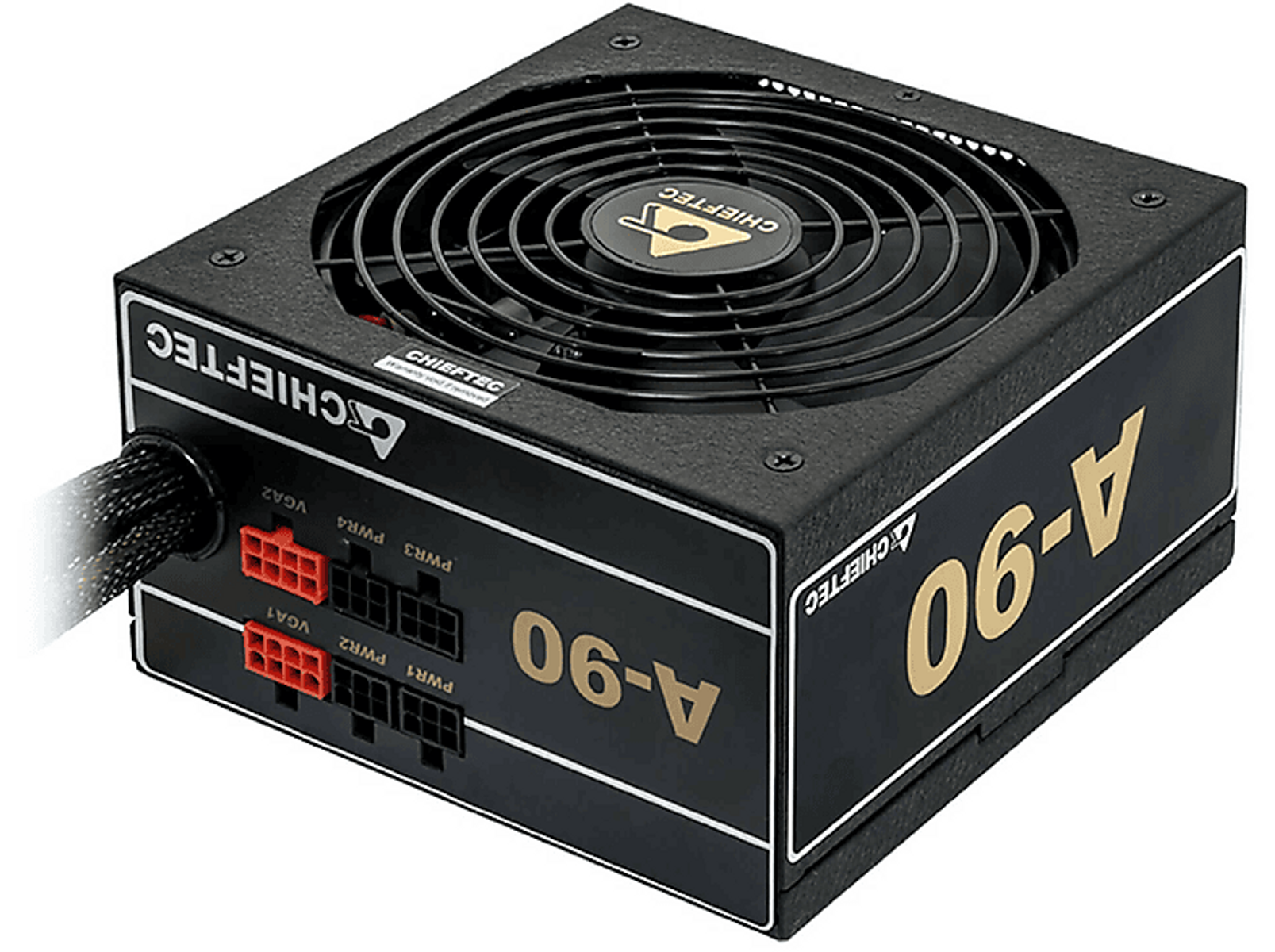 Alimentatore Chieftec A-90 nero. Ha una ventola e dei connettori.