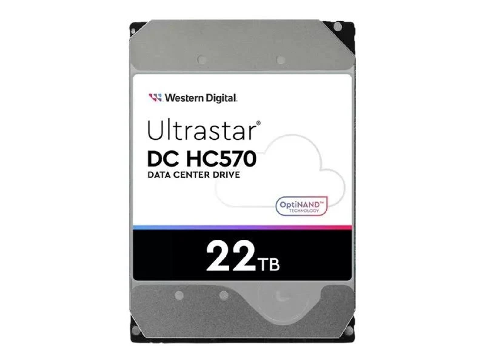 Dysk twardy Western Digital Ultrastar 22TB, widoczna etykieta. Białe tło.