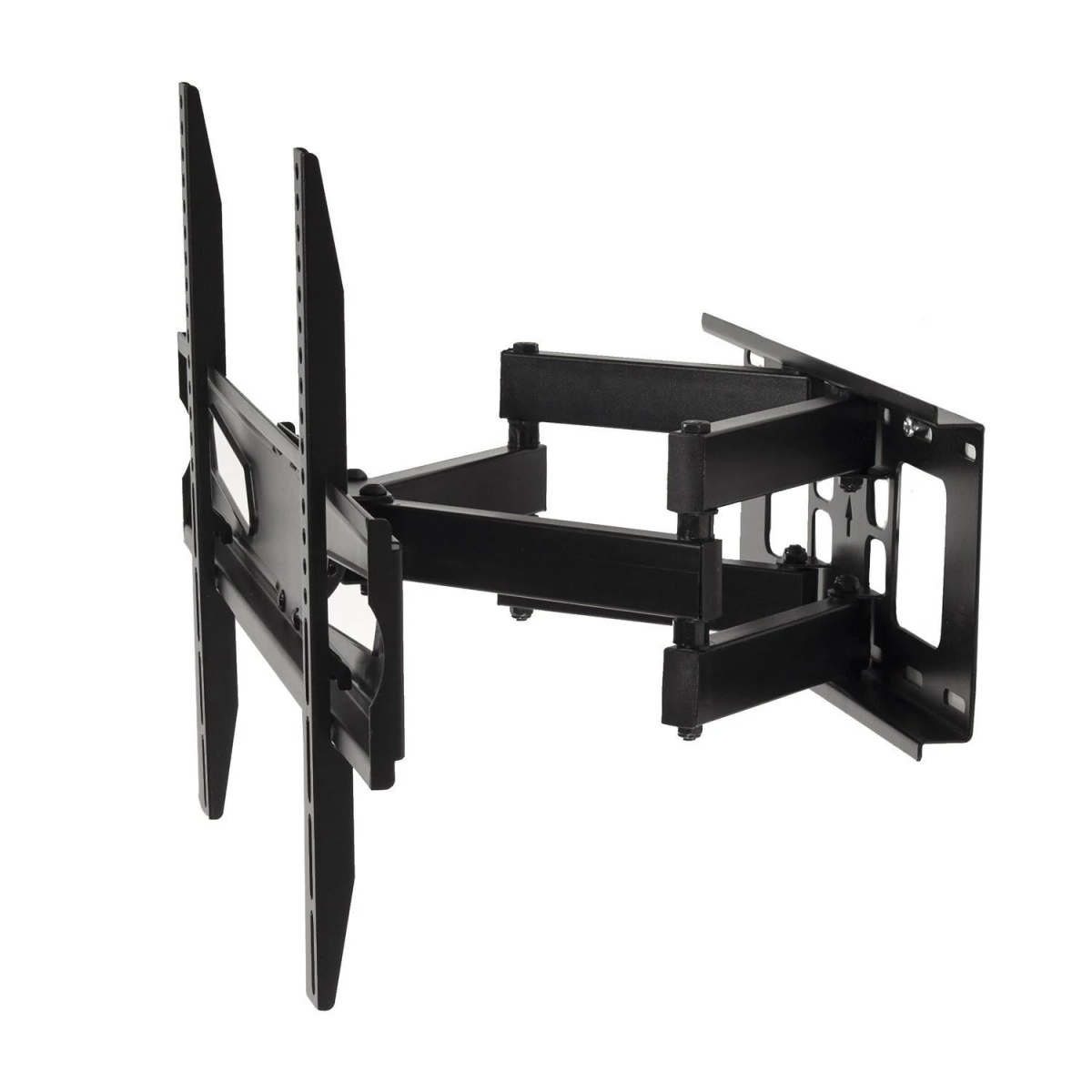 Supporto a parete per TV nero, più bracci articolati e staffe. Per TV a schermo piatto di grandi dimensioni.