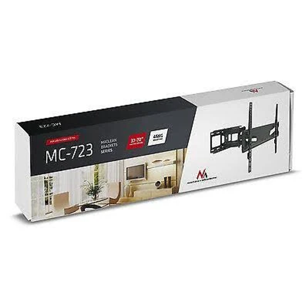 Una scatola con un supporto TV, con un'immagine di soggiorno.