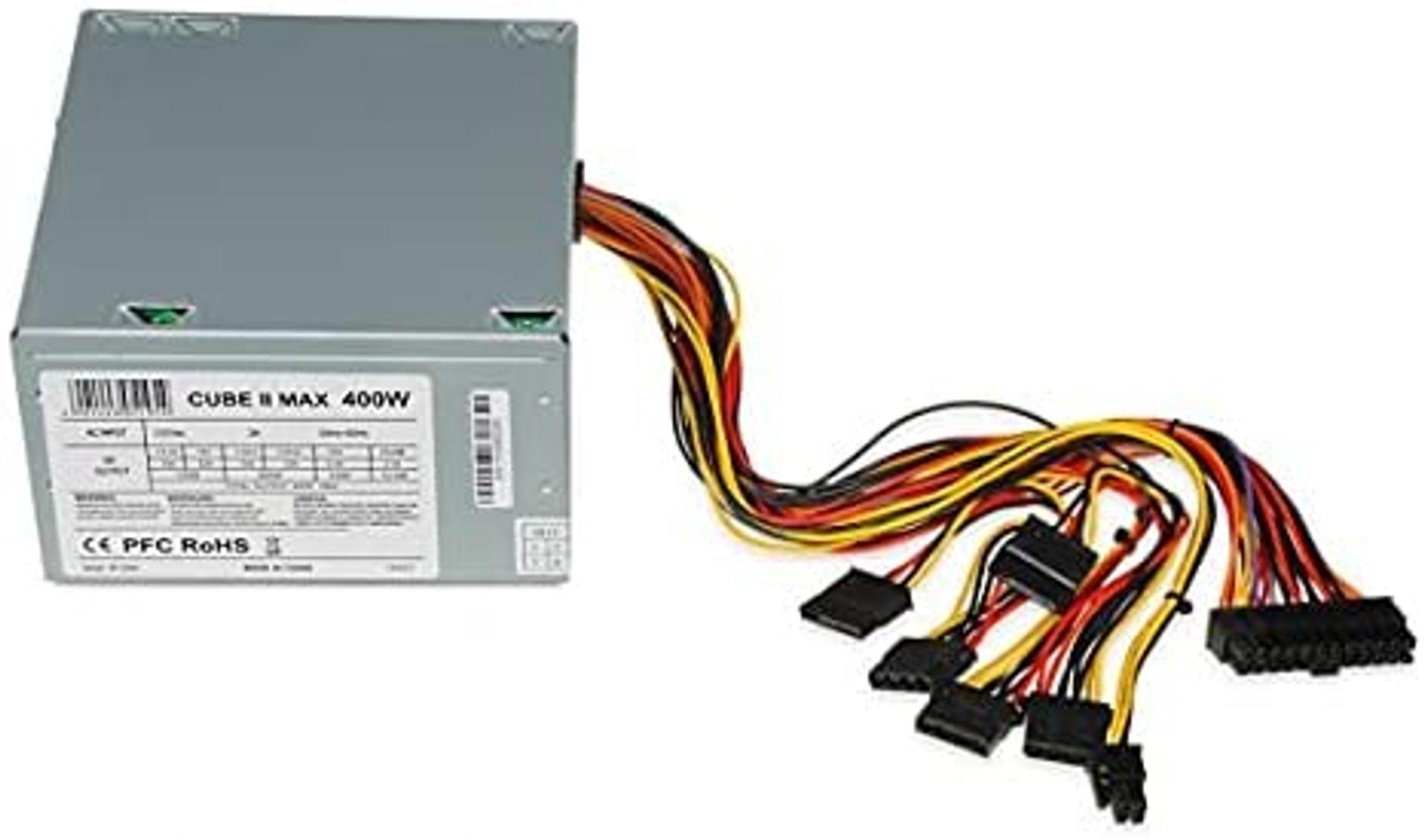 Szary zasilacz komputera z wieloma kolorowymi przewodami i złączami.