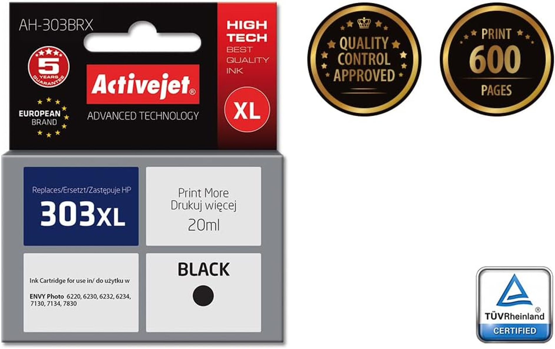 Pudełko z wkładem atramentowym z tekstem i logo. Czarny tusz, XL i pojemność drukowania.