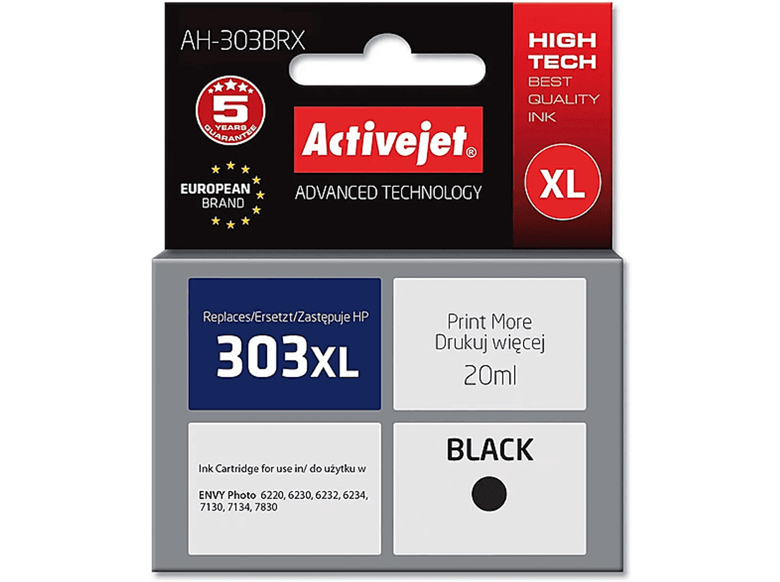 Opakowanie wkładu atramentowego Activejet. Kolory czarny, czerwony i biały. Zawiera czarny tusz.
