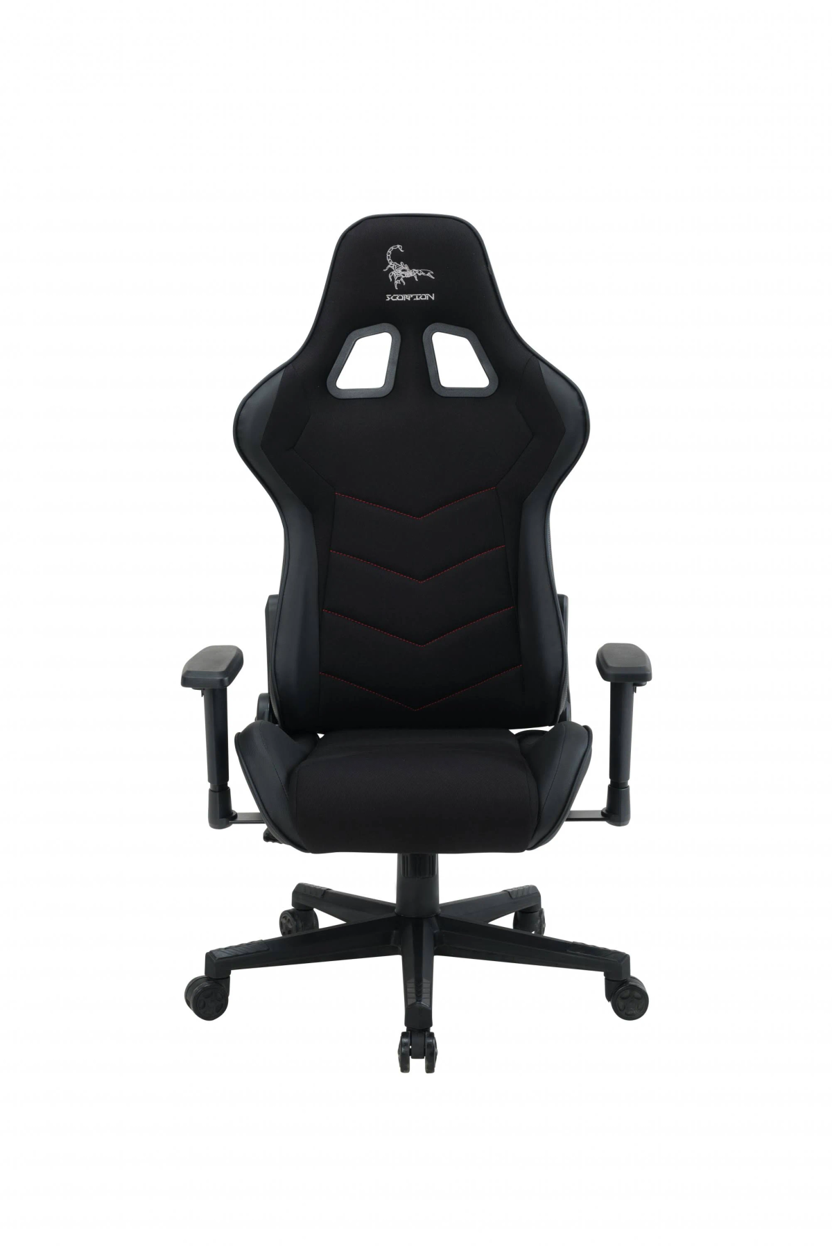 Schwarzer Gaming-Stuhl. Er hat ein Skorpion-Logo und steht auf Rollen.