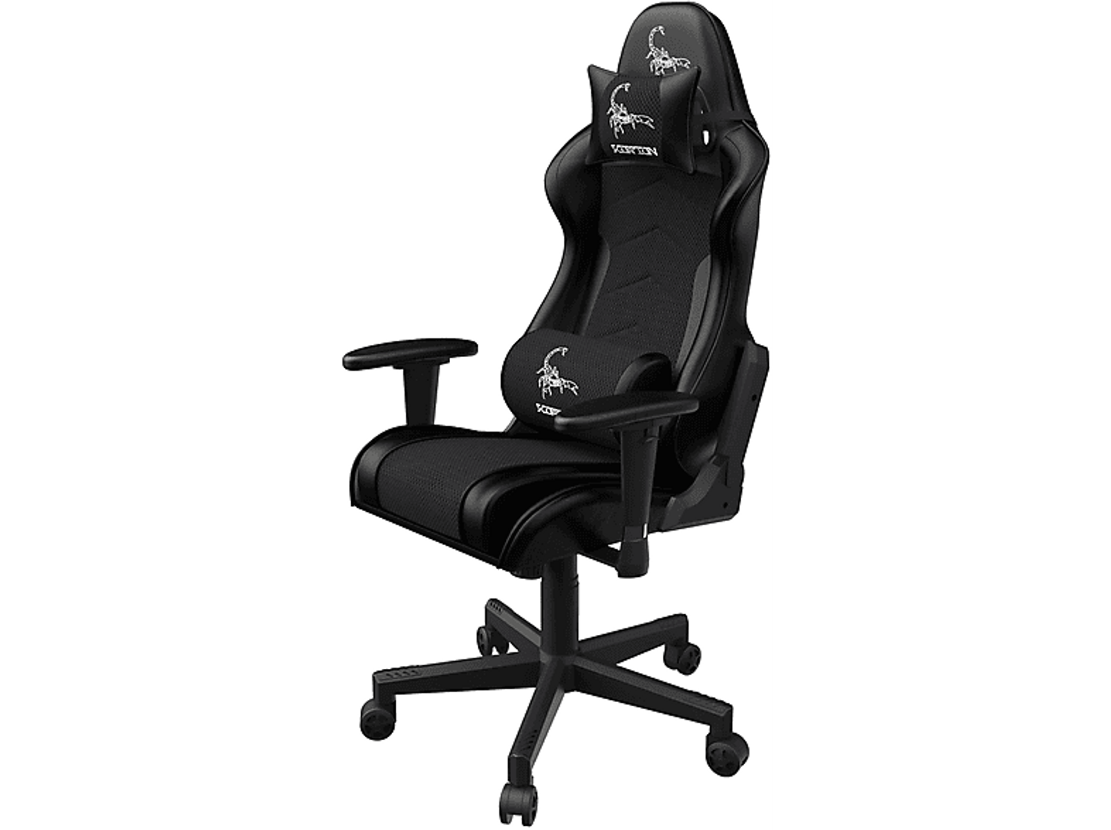 Schwarzer Gaming-Stuhl mit Kopfstütze, Armlehnen und Fünf-Sterne-Fuß.