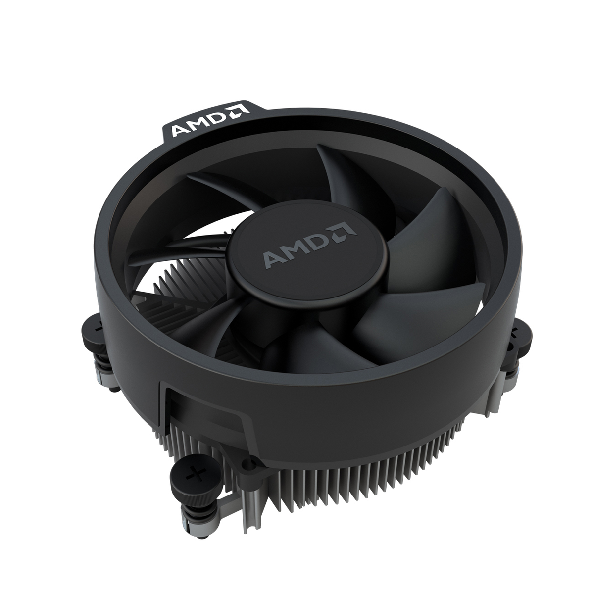 Czarny cooler procesora AMD z łopatkami wentylatora i logo AMD.