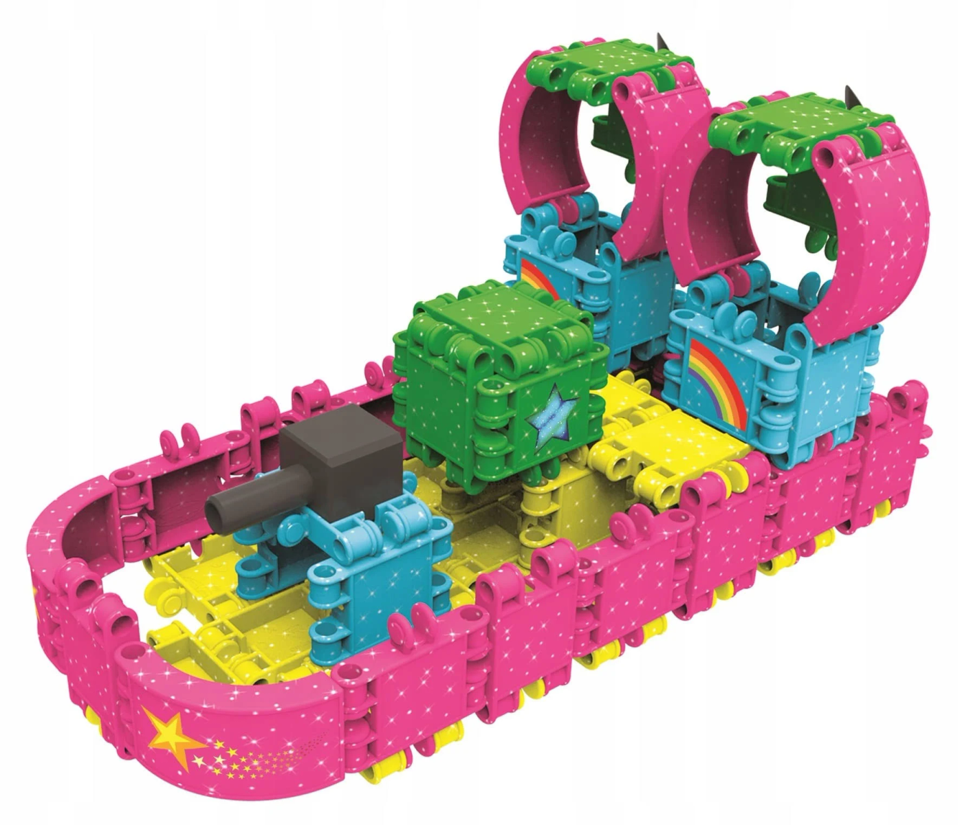 Bateau jouet coloré fait de blocs emboîtables. Rose, vert, bleu et jaune.