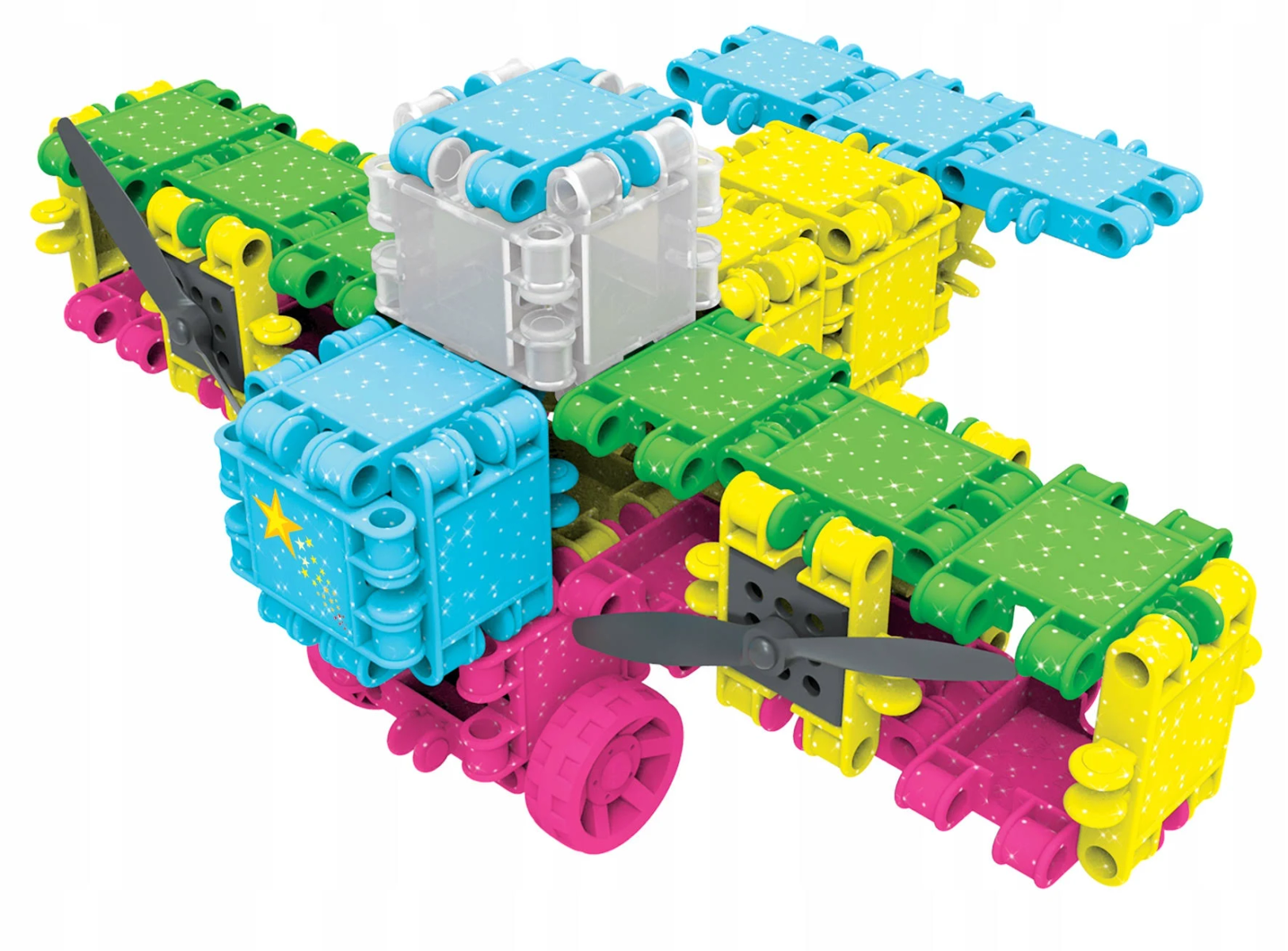 Jouet coloré fait de cubes avec hélices et roues. Design coloré et ludique.