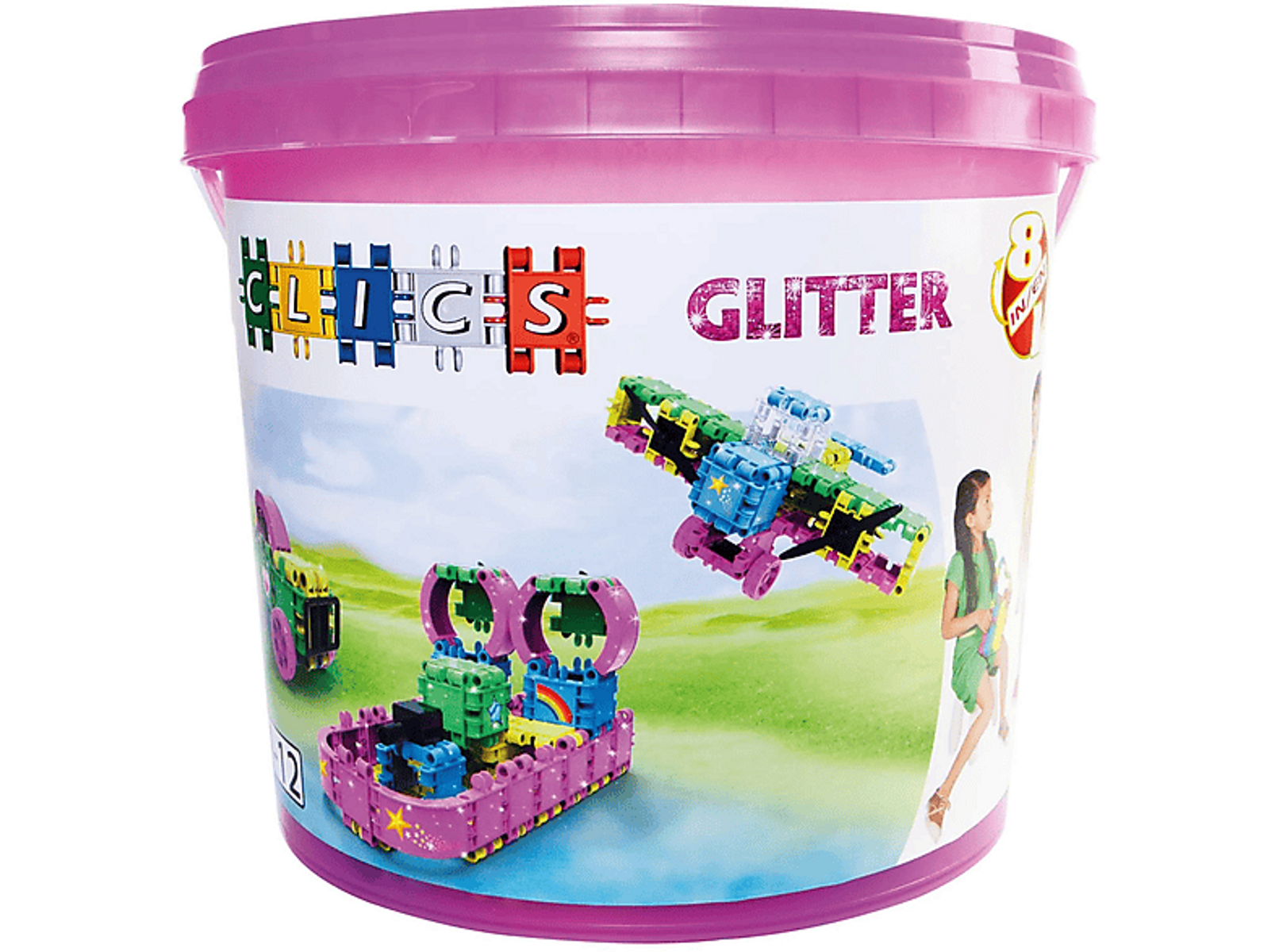 Seau rose avec des blocs de construction jouets et une image de constructions jouets dessus.