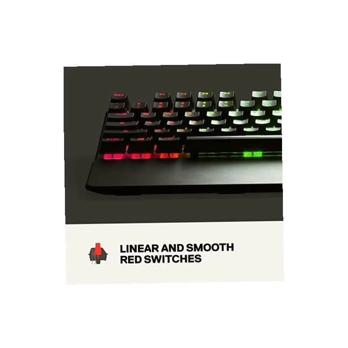 Zbliżenie klawiatury z podświetlonymi czerwonymi i zielonymi klawiszami. Tekst brzmi: Liniowe i gładkie czerwone przełączniki.