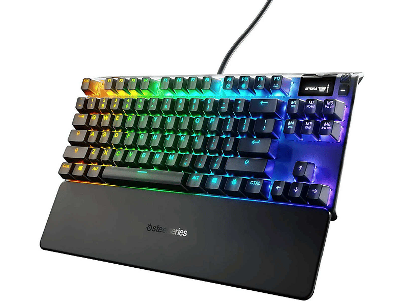 Klawiatura RGB z czarnymi klawiszami. Posiada podpórkę pod nadgarstek. Klawisze są podświetlane różnymi kolorami.