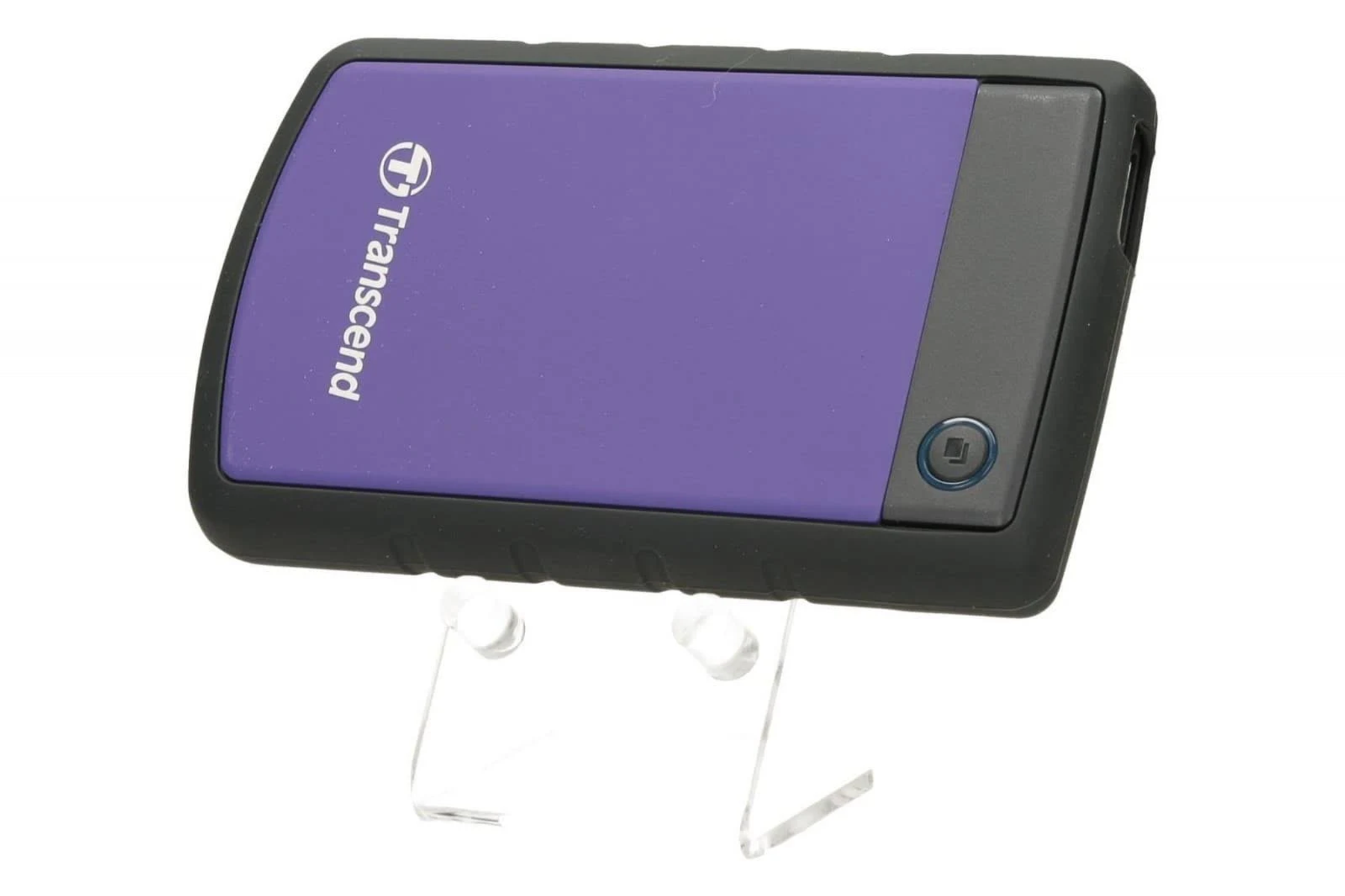 Fioletowy i czarny zewnętrzny dysk twardy na przezroczystym stojaku na białym tle.