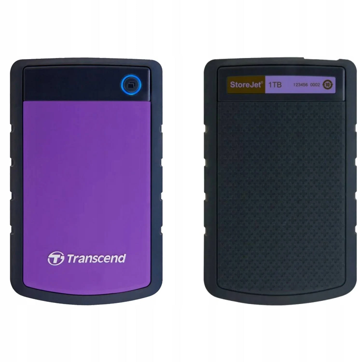 Dwa zewnętrzne dyski twarde, jeden fioletowy, jeden czarny ze szczegółami i etykietami.