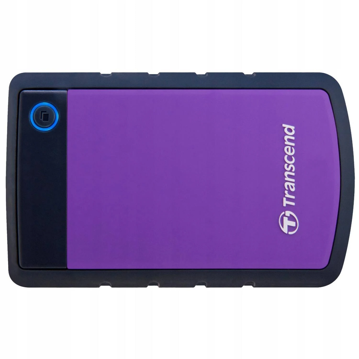 Fioletowy zewnętrzny dysk twardy z czarną obwódką i logo Transcend, na białym tle.
