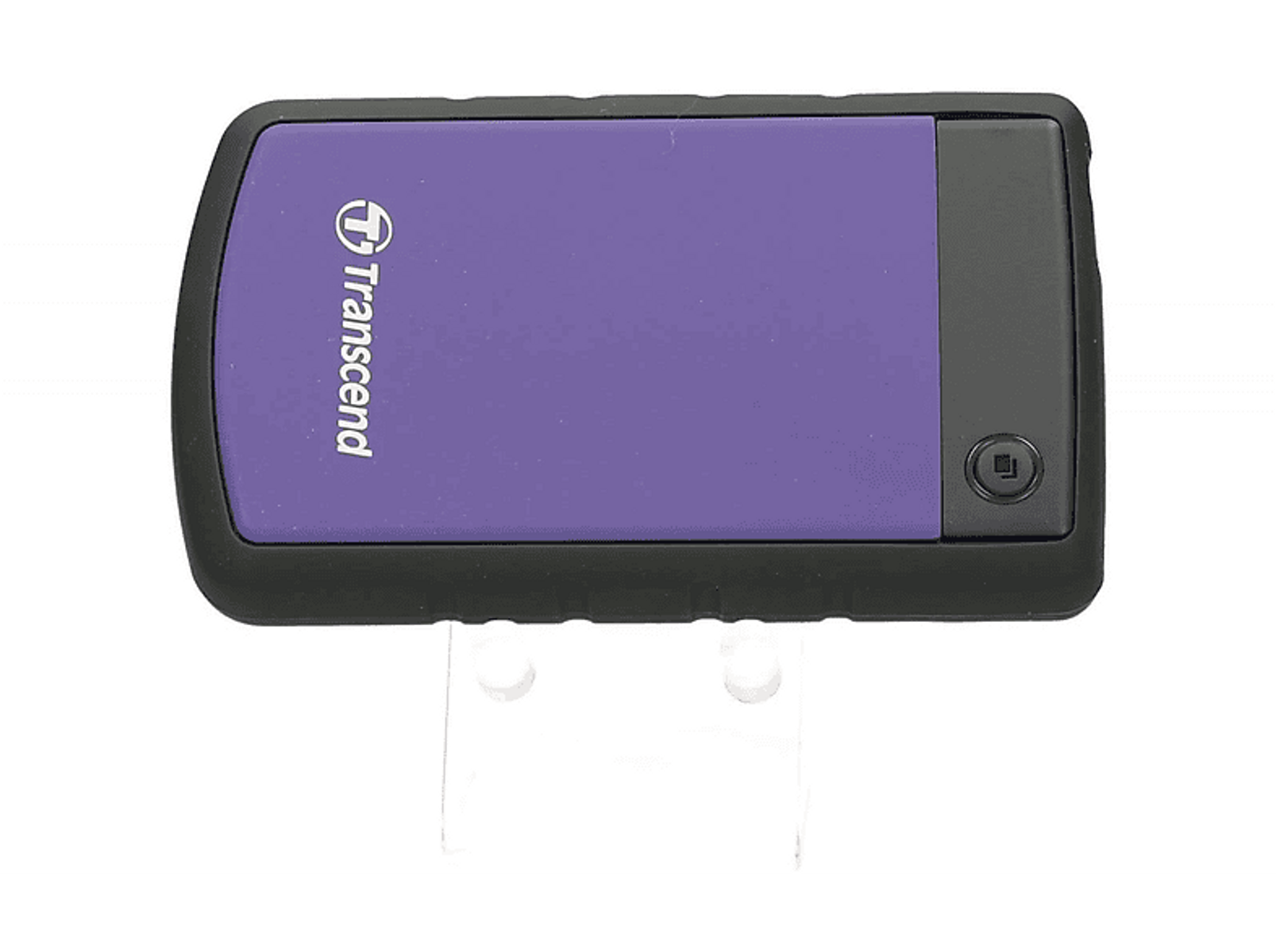 Fioletowy zewnętrzny dysk twardy Transcend. Ma czarne etui ochronne i tekst Transcend.