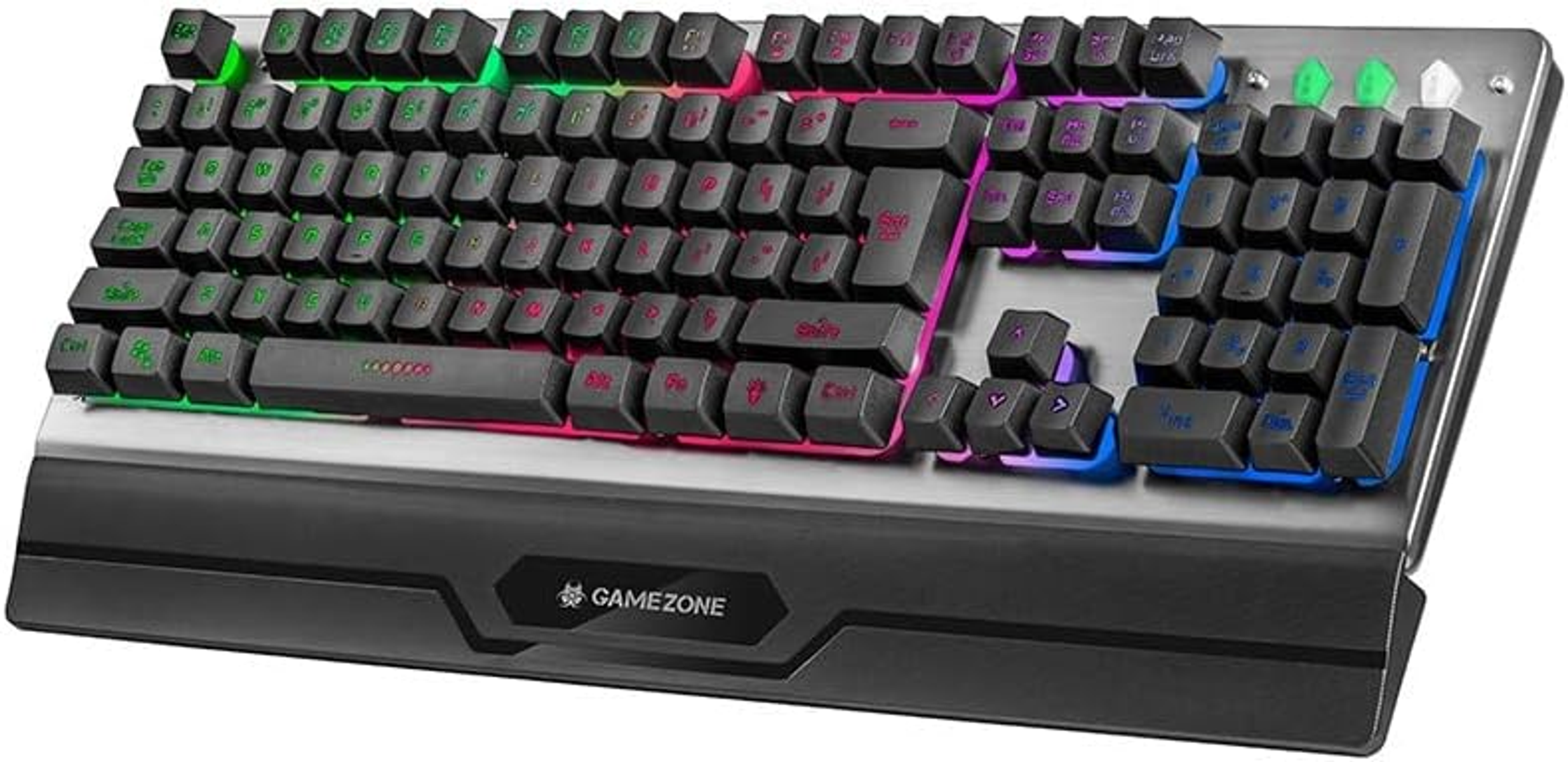Klawiatura gamingowa z podświetlanymi klawiszami, czarną podstawą i srebrną ramką. Klawisze z tęczowym.