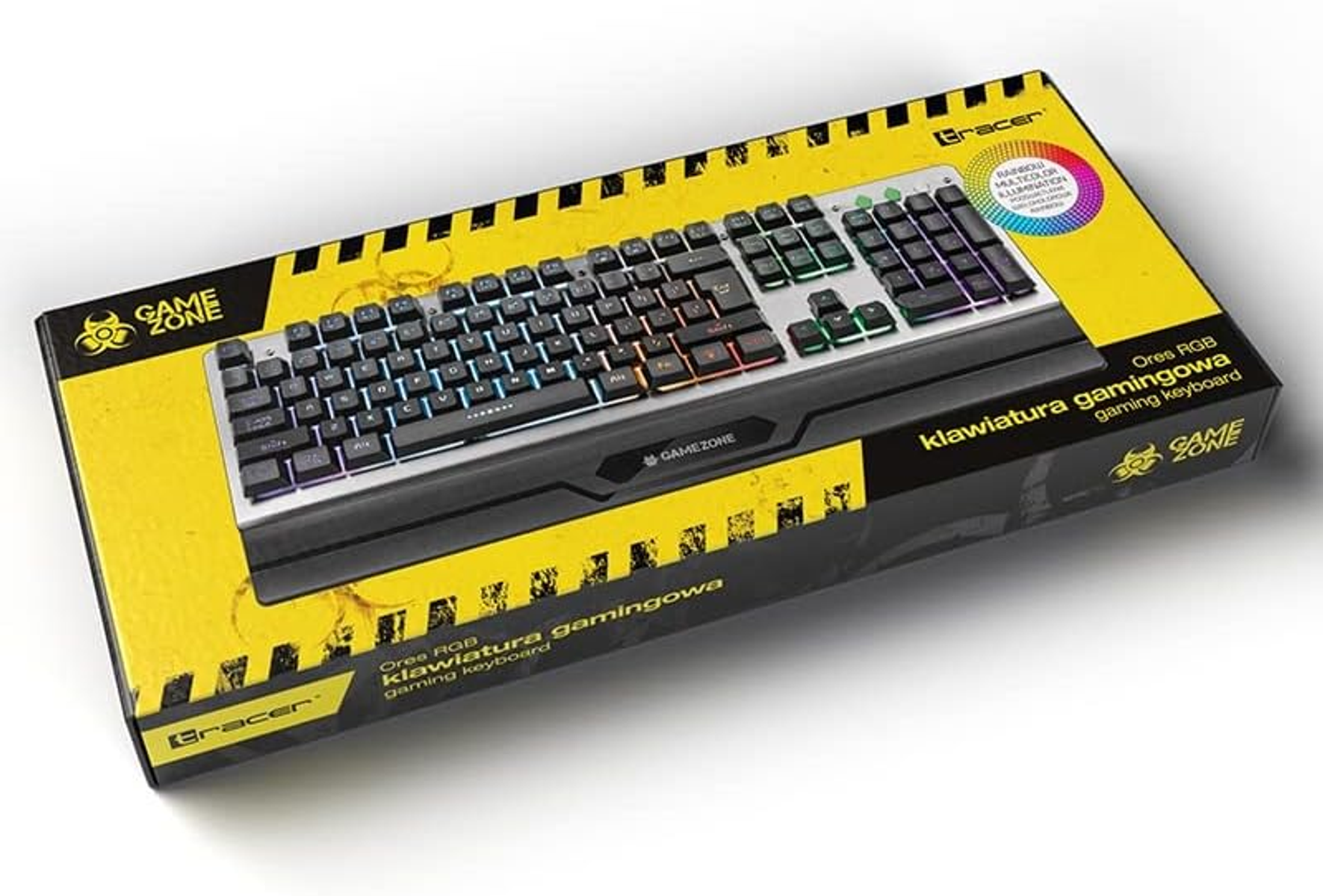 Klawiatura w pudełku z żółto-czarnym designem. Wielokolorowe klawisze i RGB.