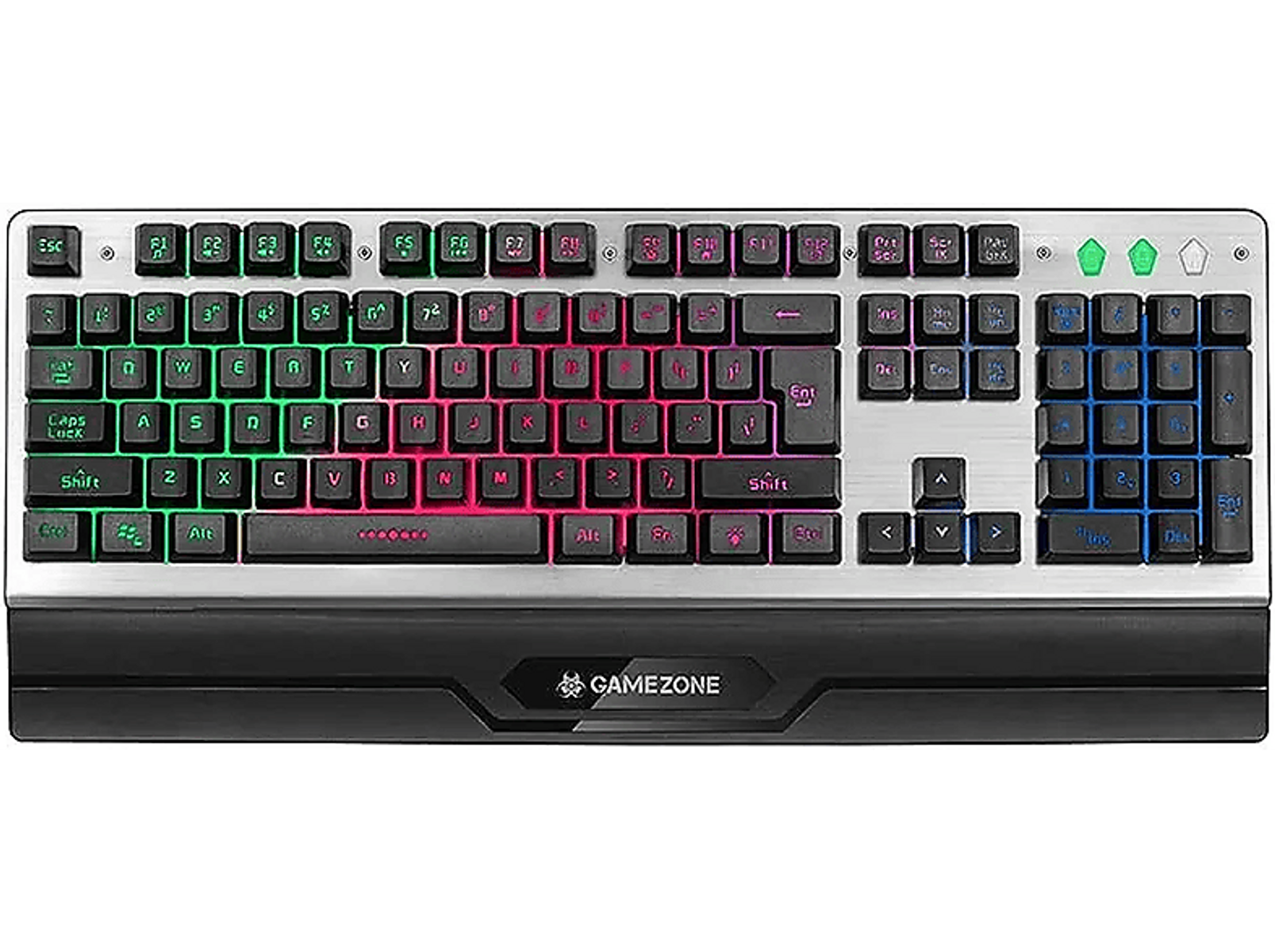 Srebrna klawiatura z czarną podstawą, tęczowo podświetlane klawisze. Białe tło.