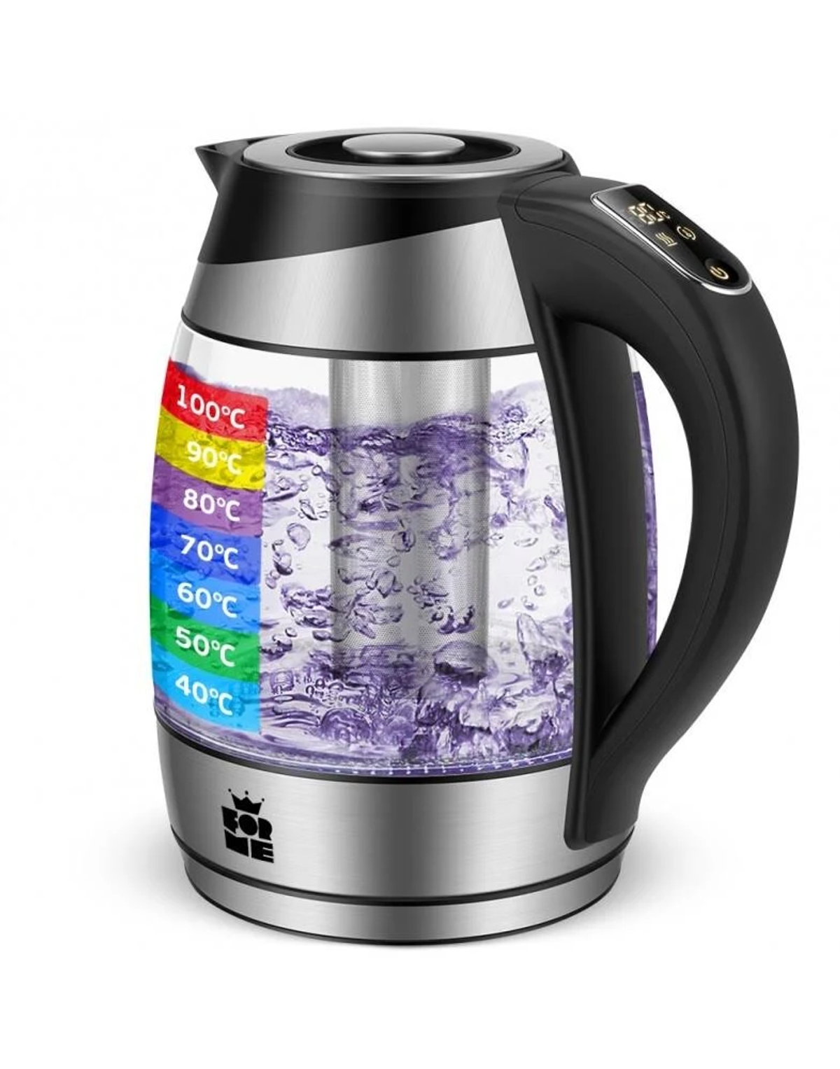 Bollitore elettrico in vetro con indicatori di temperatura e manico nero. Acqua bollente visibile.