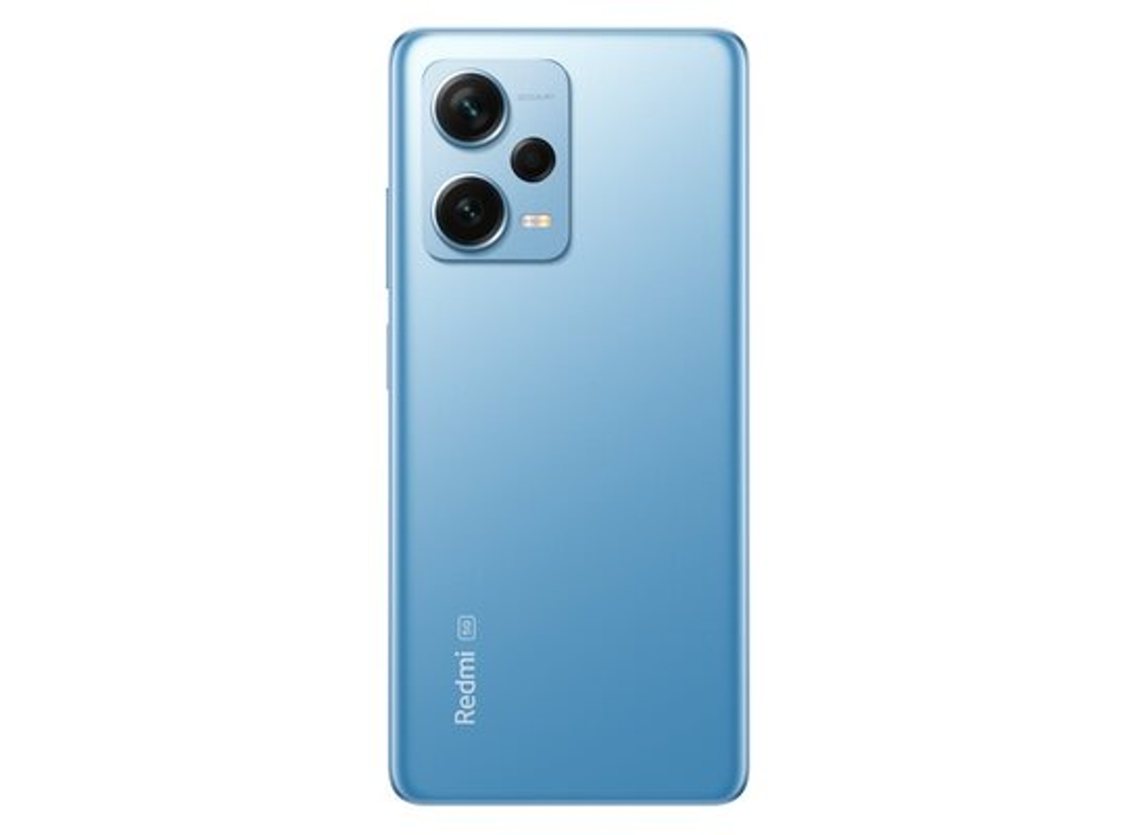 Rückseite eines blauen Smartphones. Drei Kameralinsen, Redmi 5G Logo.