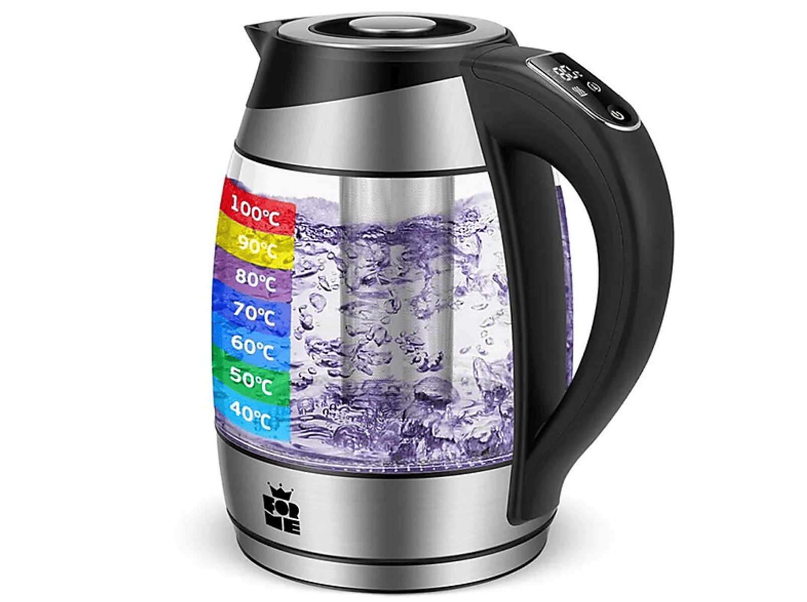 Un bollitore elettrico in vetro con indicatori di temperatura. Mostra acqua bollente con bolle e un manico nero.