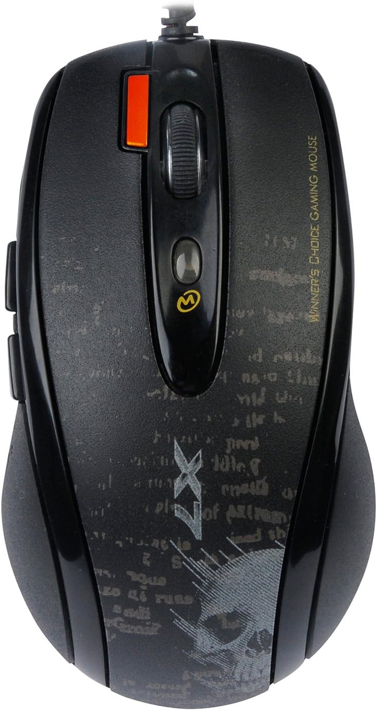 Schwarze Gaming-Maus mit Totenkopf-Design, roter Taste und Scrollrad.