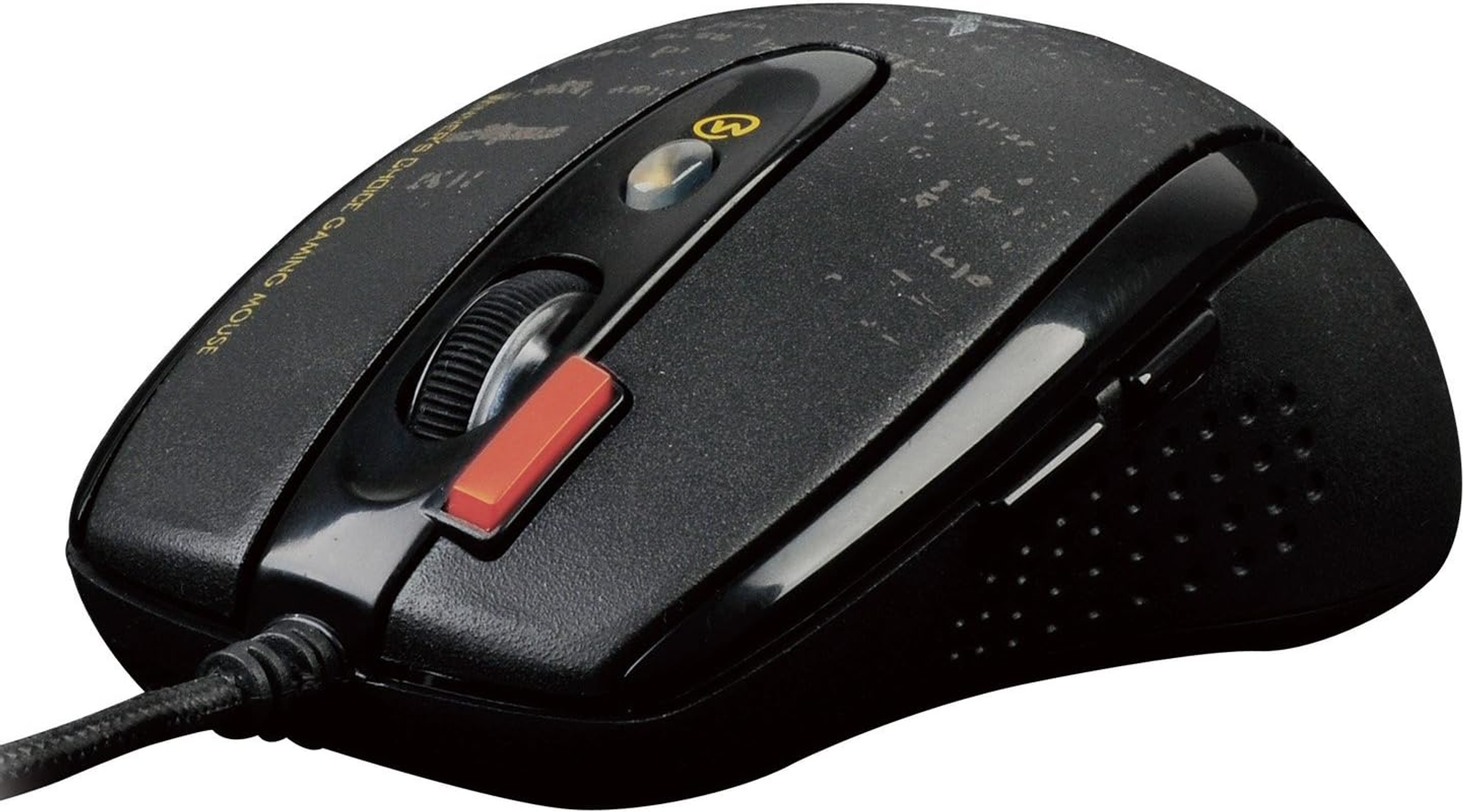 Schwarze Gaming-Maus mit roter Taste, strukturierter Oberfläche und Kabel.