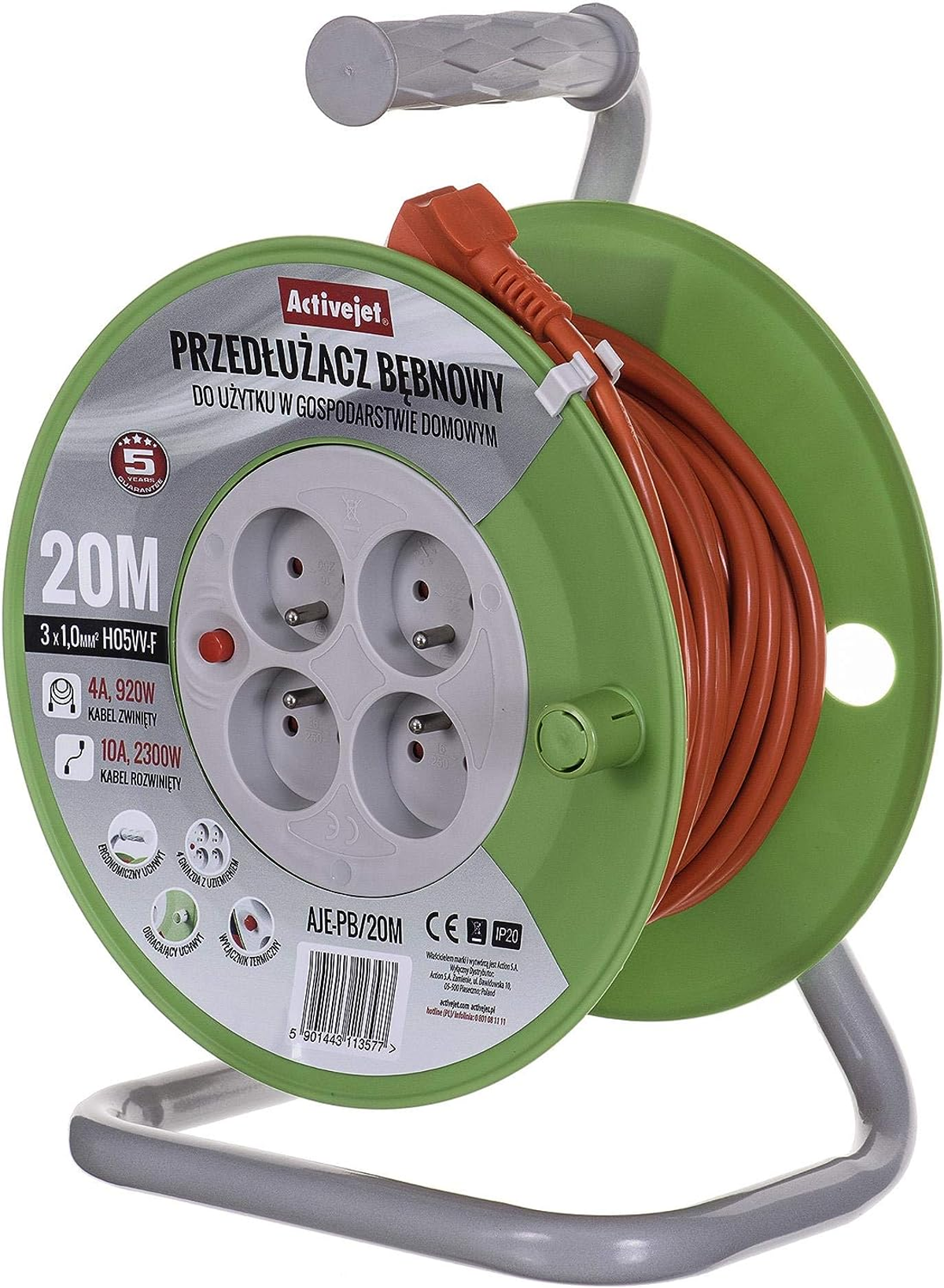 Un avvolgicavo verde con cavo arancione, prese multiple e maniglia.